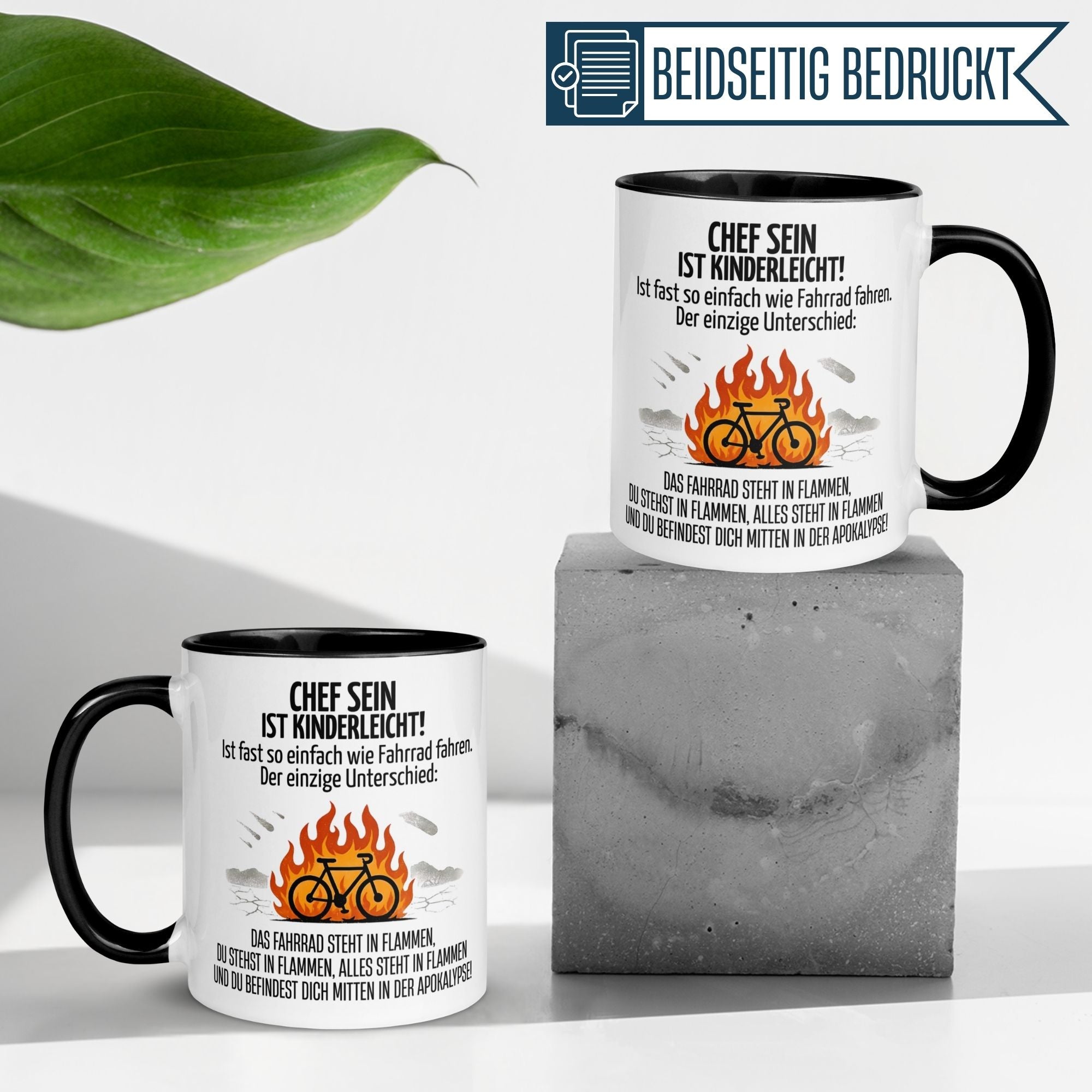 Momentals® Tasse "Chef sein ist kinderleicht!" mit lustigem Fahrrad-Motiv und Flammen-Design.