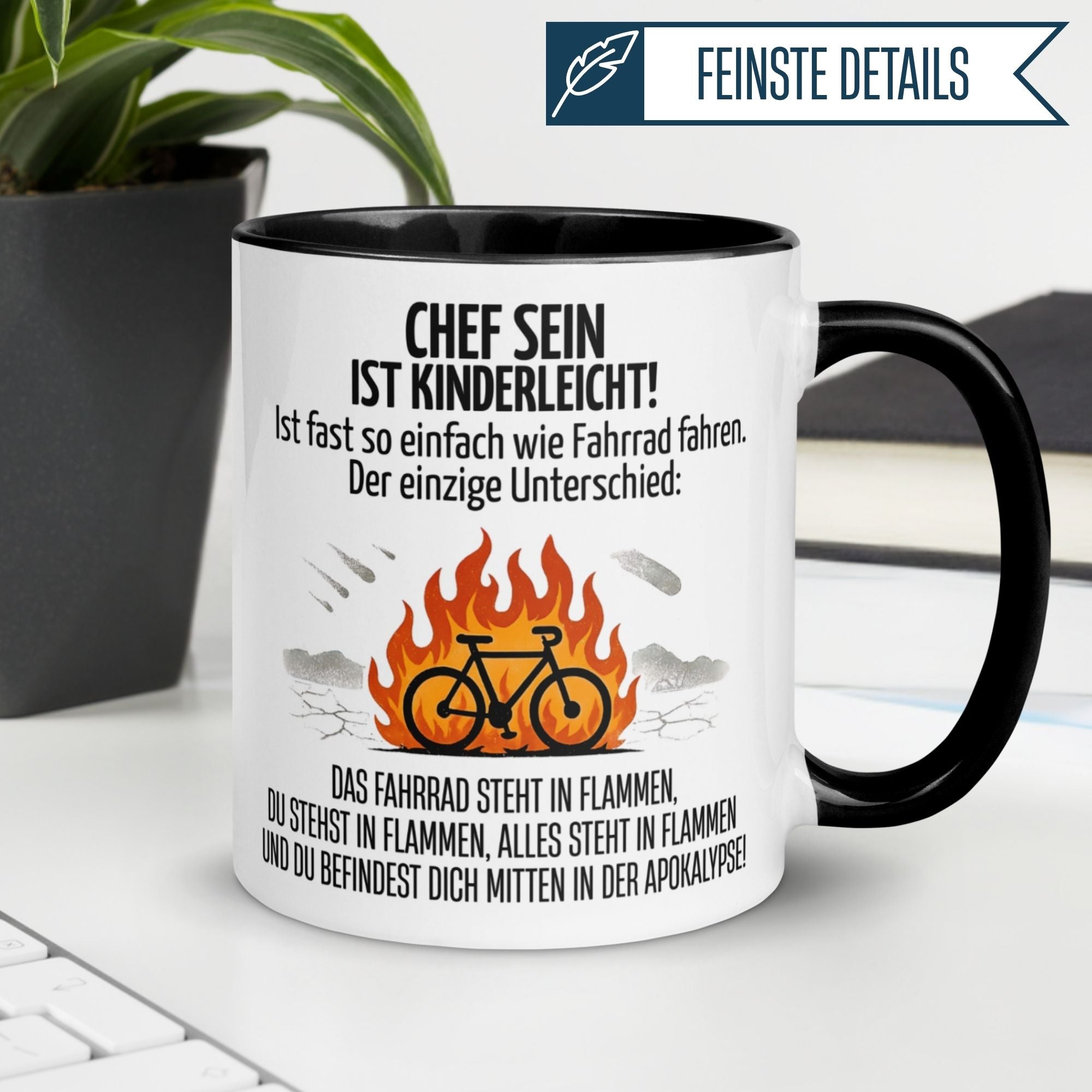 Momentals® Tasse Chef mit humorvollem Spruch: 'Chef sein ist kinderleicht!' bei brennendem Fahrrad-Design.