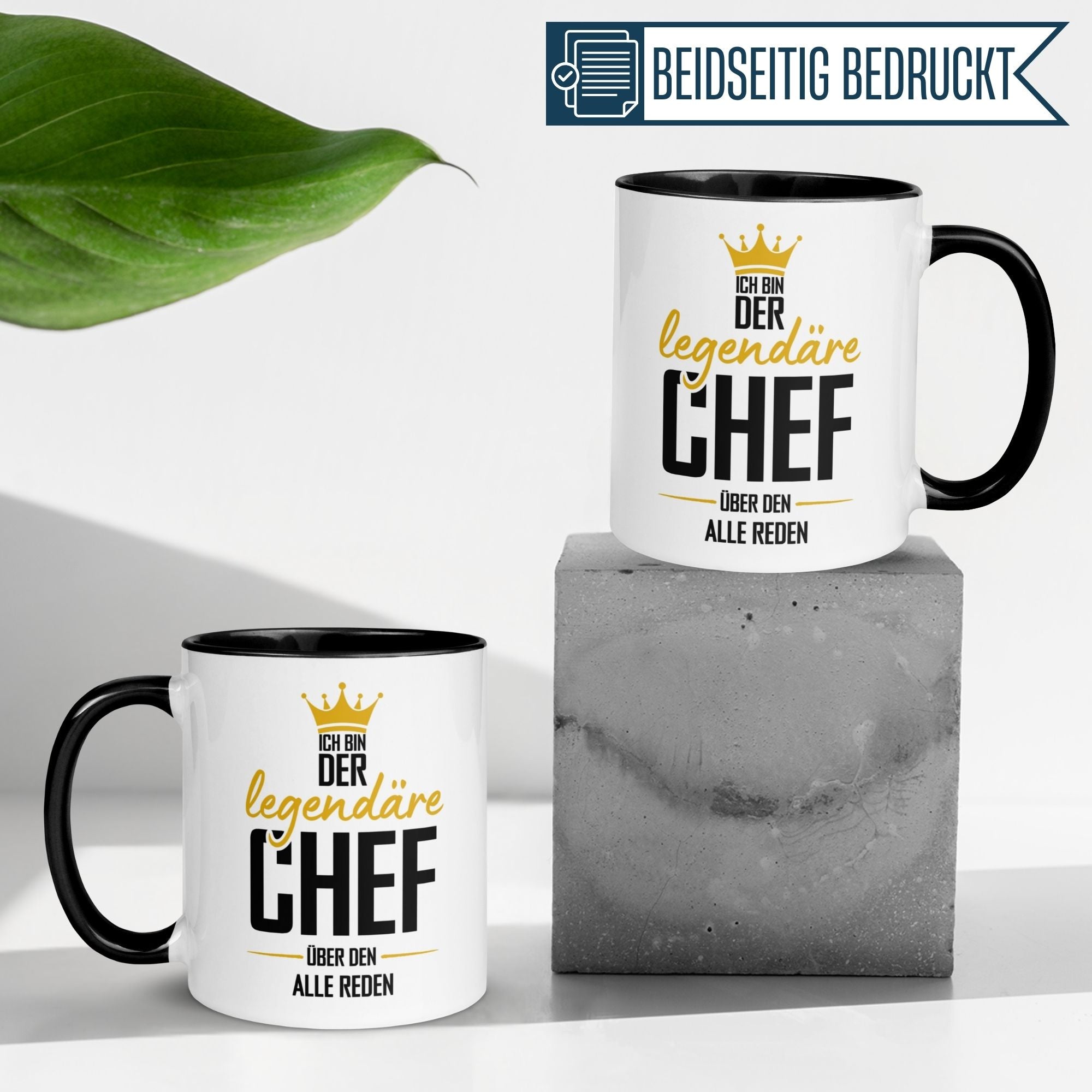 Momentals® Tasse Chef mit Spruch "Ich bin der legendäre Chef", perfekt für witzige Bürogeschenke.