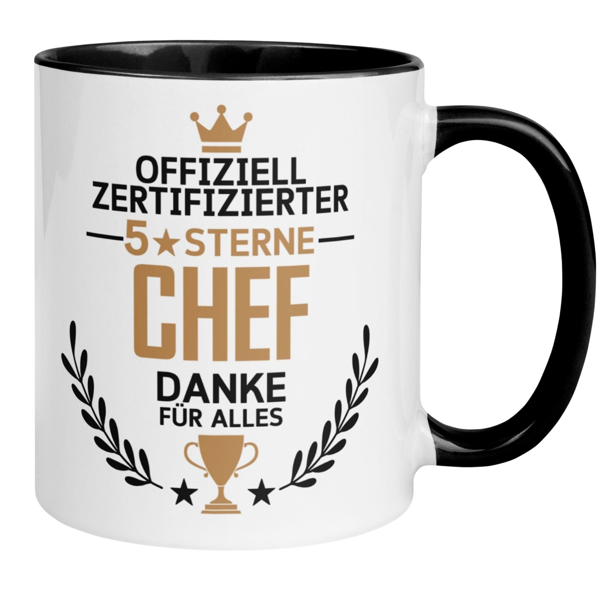 Tasse für Chef mit Aufschrift: Offiziell Zertifizierter 5 Sterne Chef, ideales Geschenk für Wertschätzung und Motivation.
