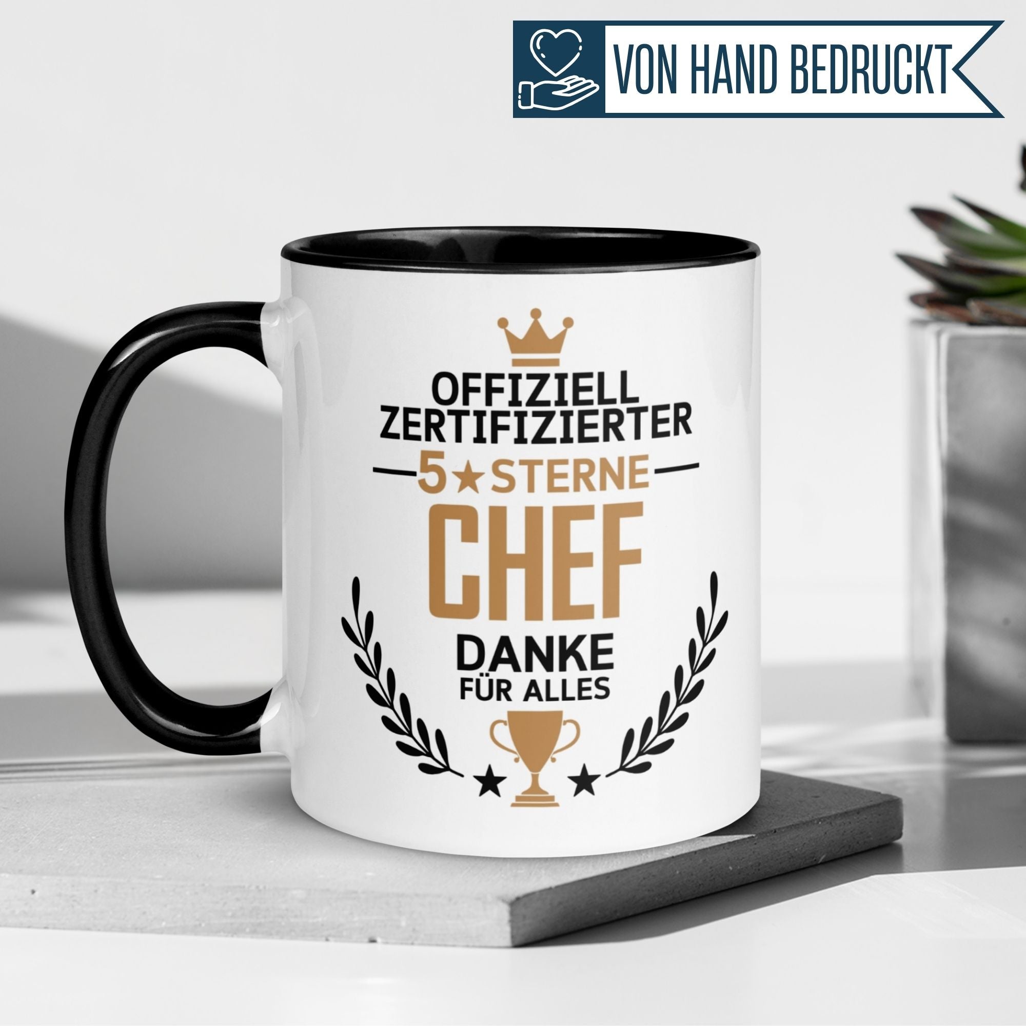 Momentals® Tasse für 5 Sterne Chef mit spritzigem Spruch und elegantem Design, ideal als Geschenk.