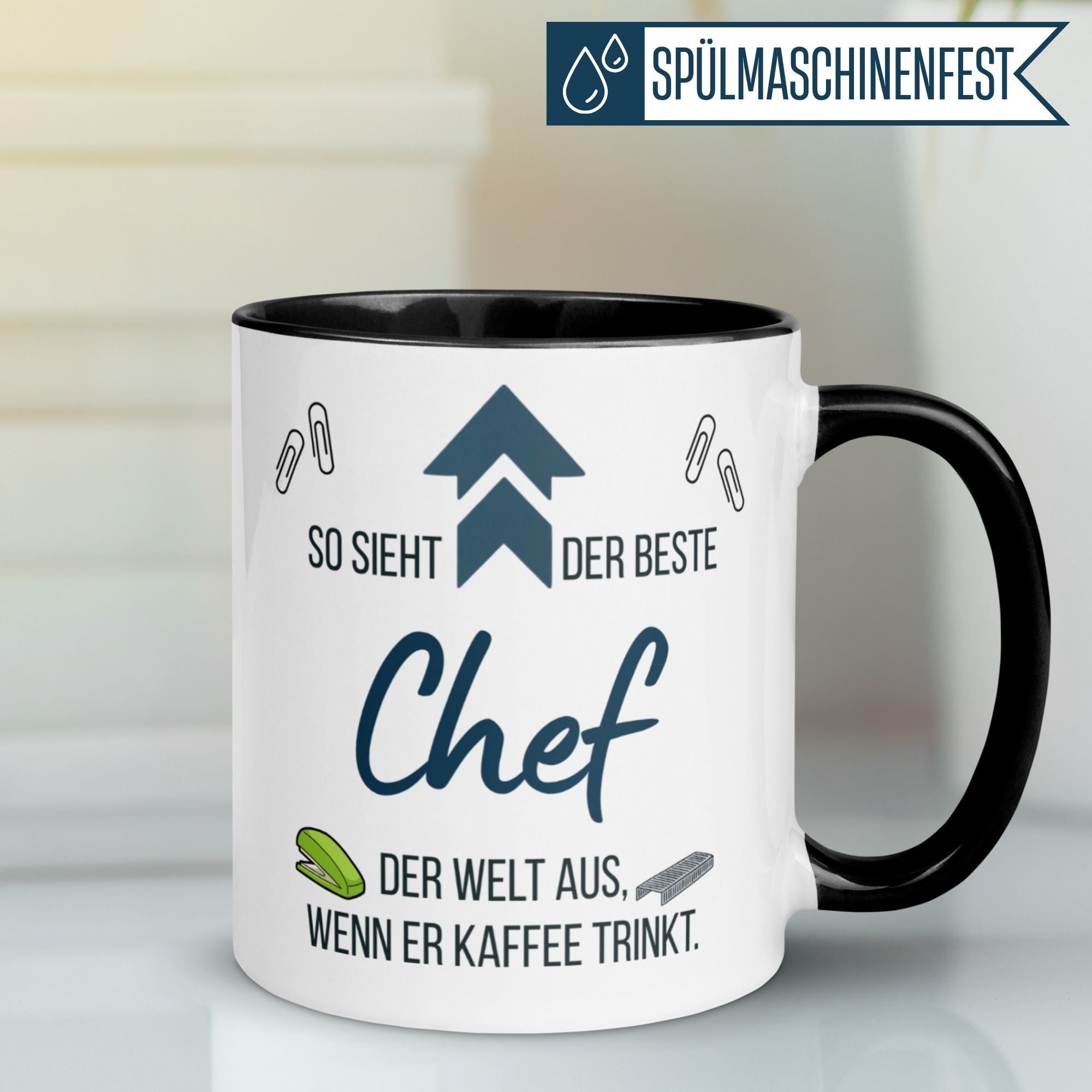 Momentals® Tasse für den besten Chef mit humorvollem Spruch über Kaffee und Wertschätzung.