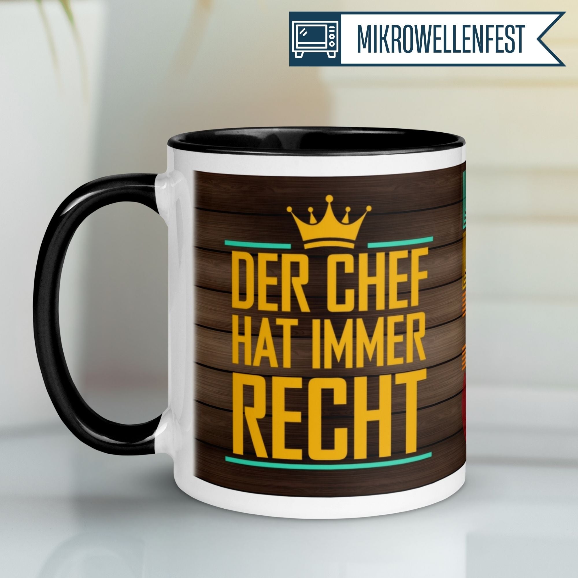 Momentals® Tasse Chef mit Spruch 'Der Chef hat immer Recht' für humorvolle Bürogeschenke.