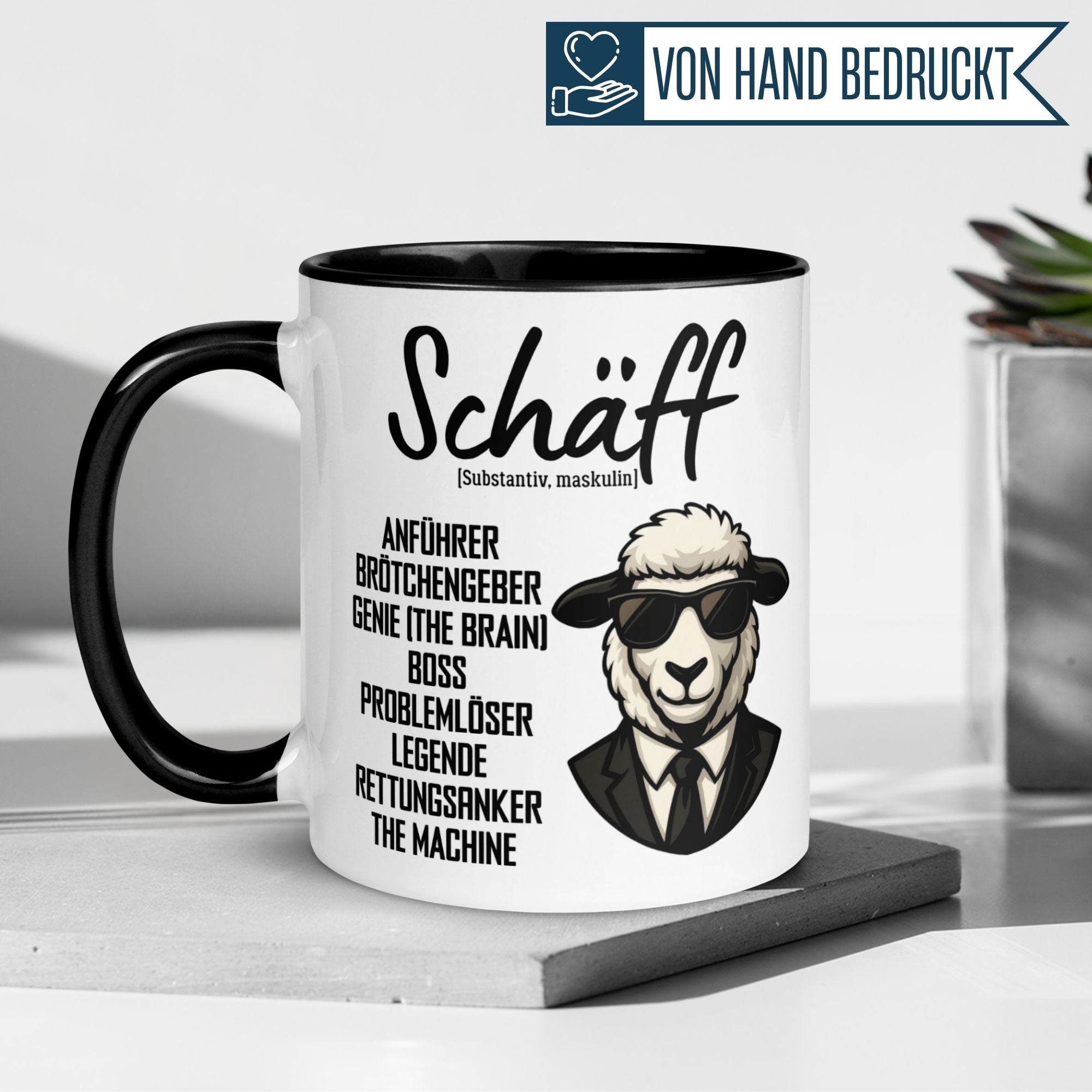 Funny sheep mug with 'Schäff' title, perfect gift for a humorous boss in the office.