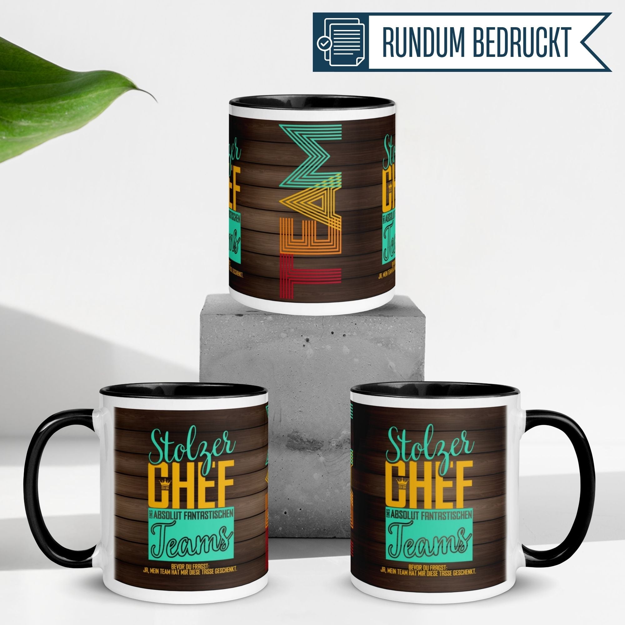 Three stylish Momentals® Tasse Chef mugs showcasing vibrant designs for a proud boss gift.