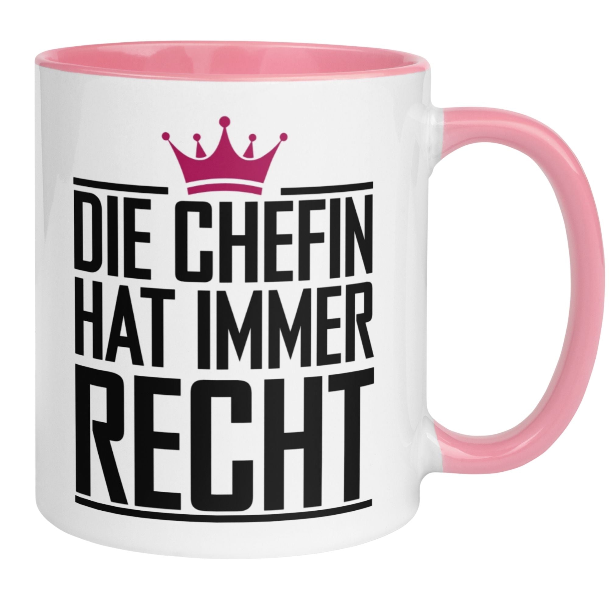 Momentals® Tasse Chefin mit Krone, Aufschrift 'Die Chefin hat immer Recht', pinker Henkel, lustiges Geschenk für Chefin.