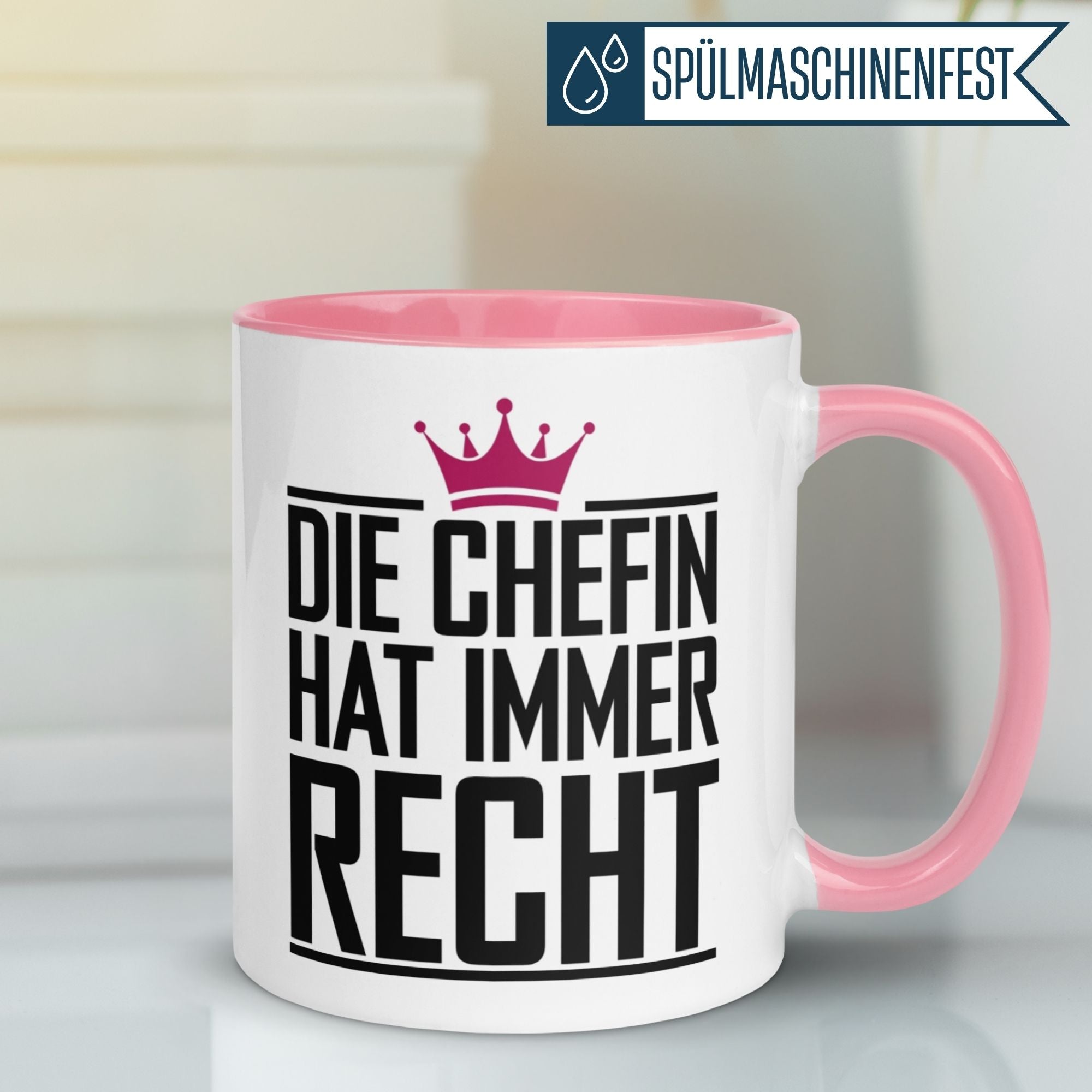 Momentals Tasse Chefin mit Krone, Spruch "Die Chefin hat immer Recht", kreative Geschenkidee für Büro.