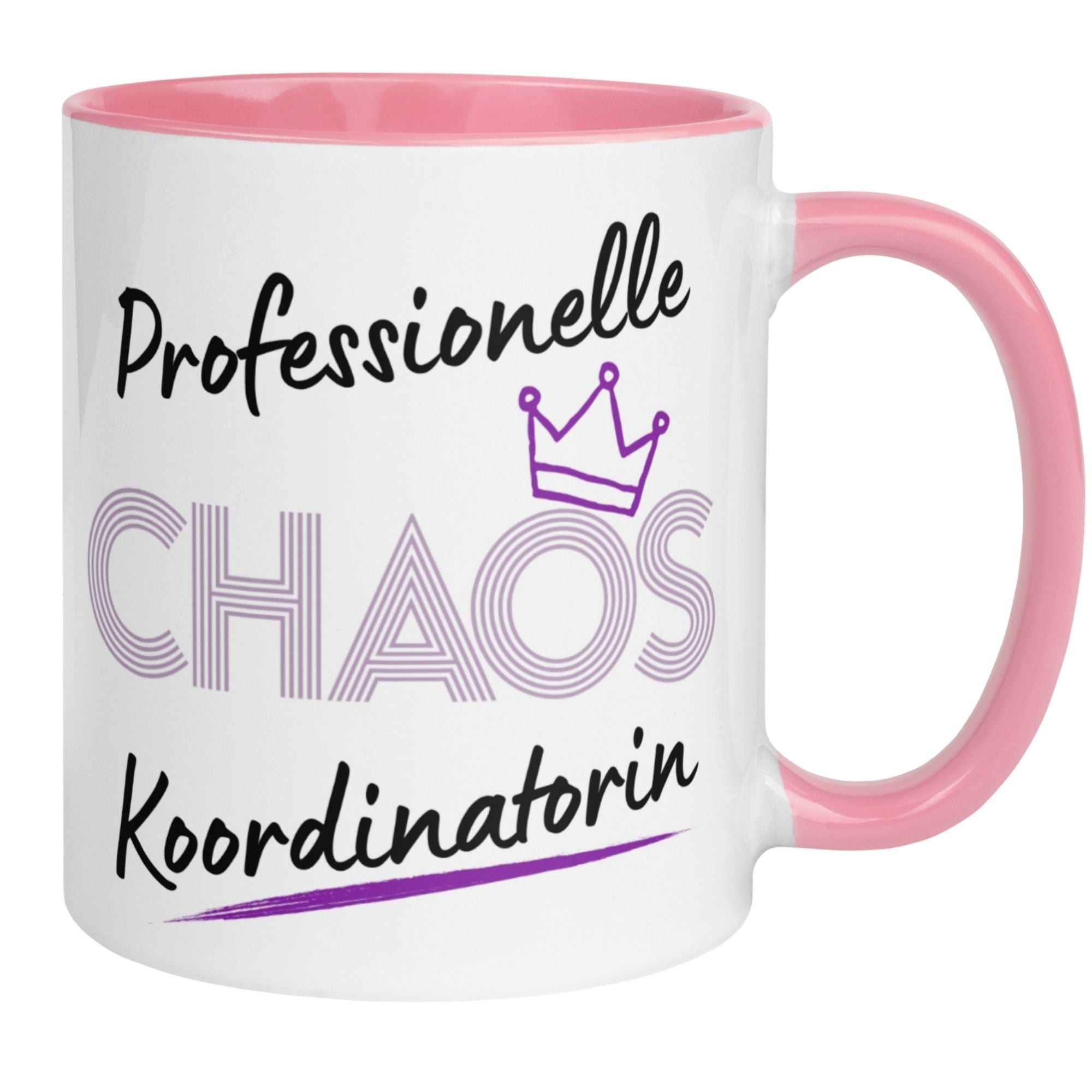 Momentals Tasse für Chefin: Professionelle Chaos Koordinatorin mit Krone und pinkem Henkel.