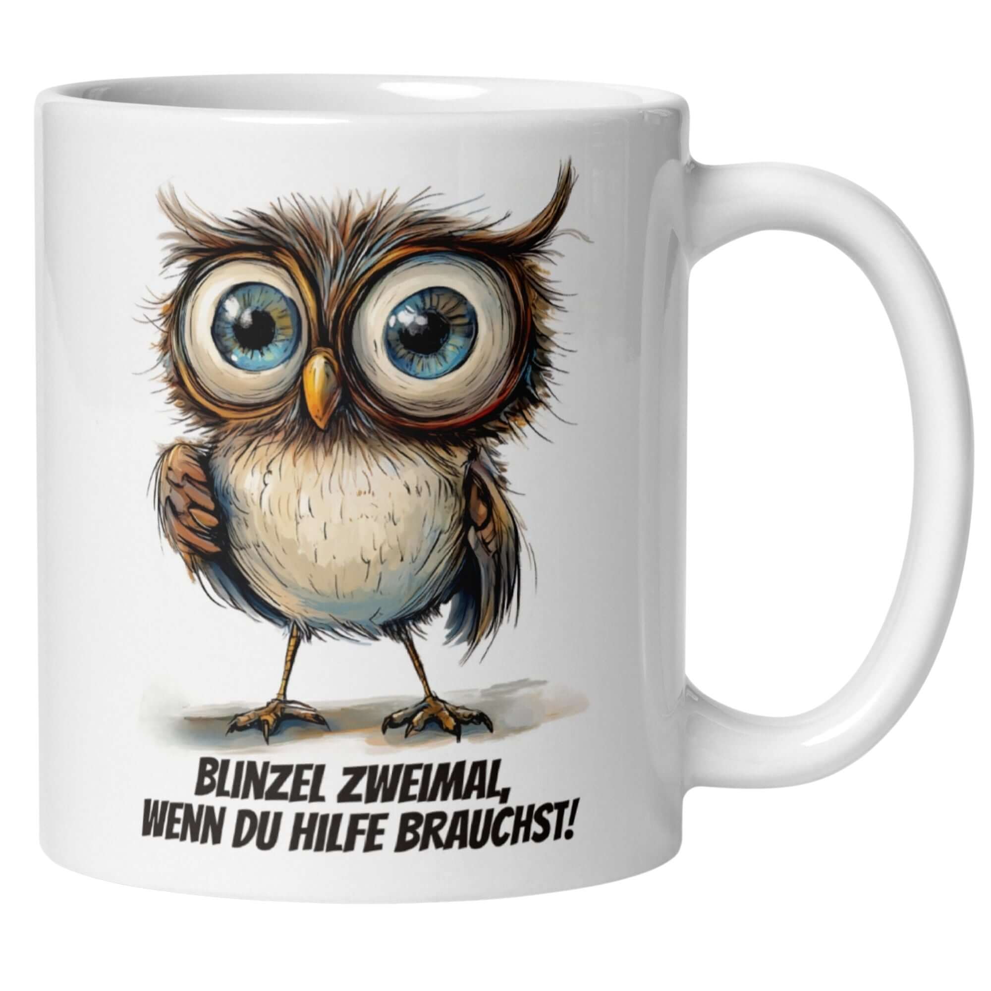 Momentals® Tasse mit lustiger Baby-Eule und Spruch: "Blinzel zweimal, wenn du Hilfe brauchst!"