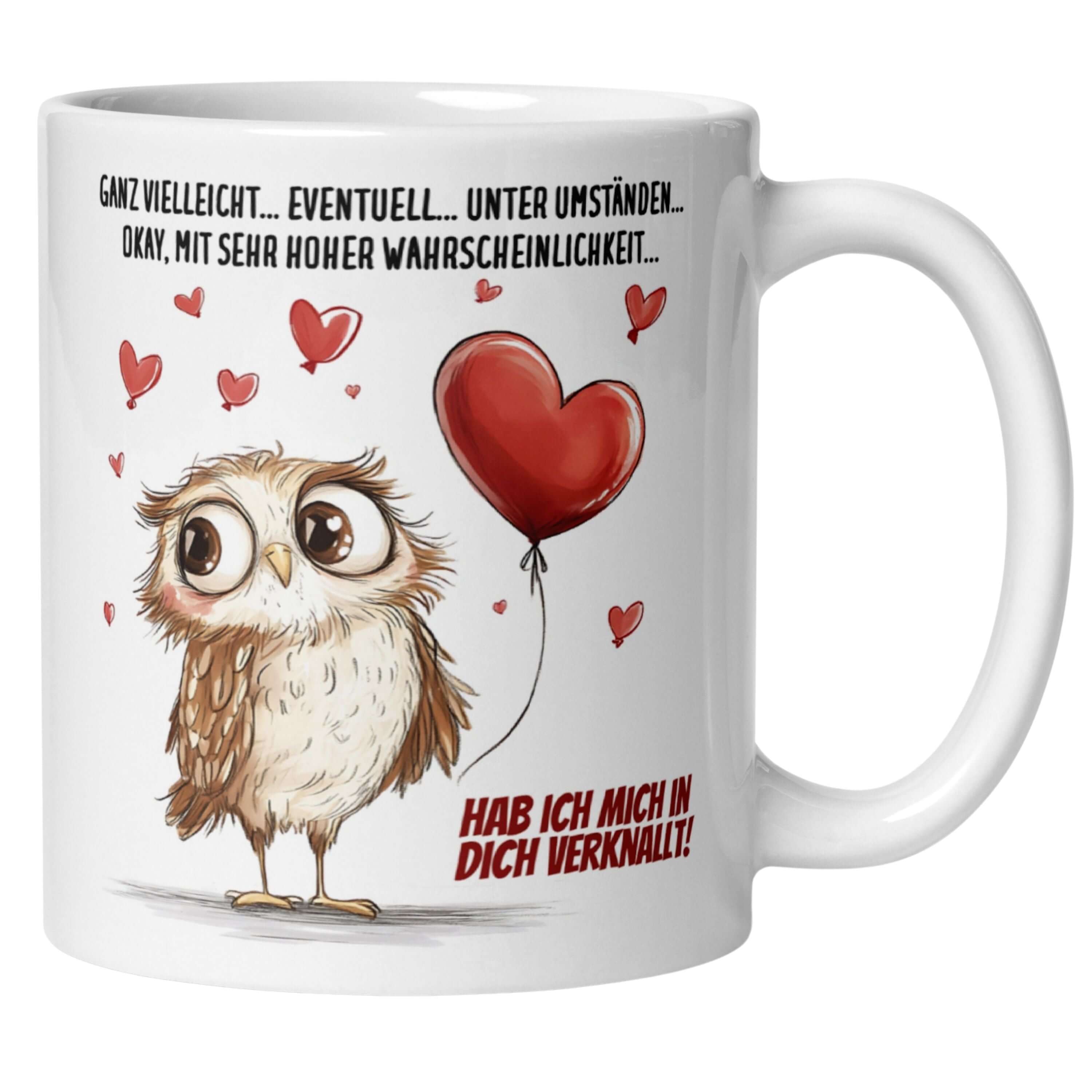 Momentals® Tasse mit Eule und Herzballon, witzige Liebeserklärung: 'Hab ich mich in dich verknallt!'