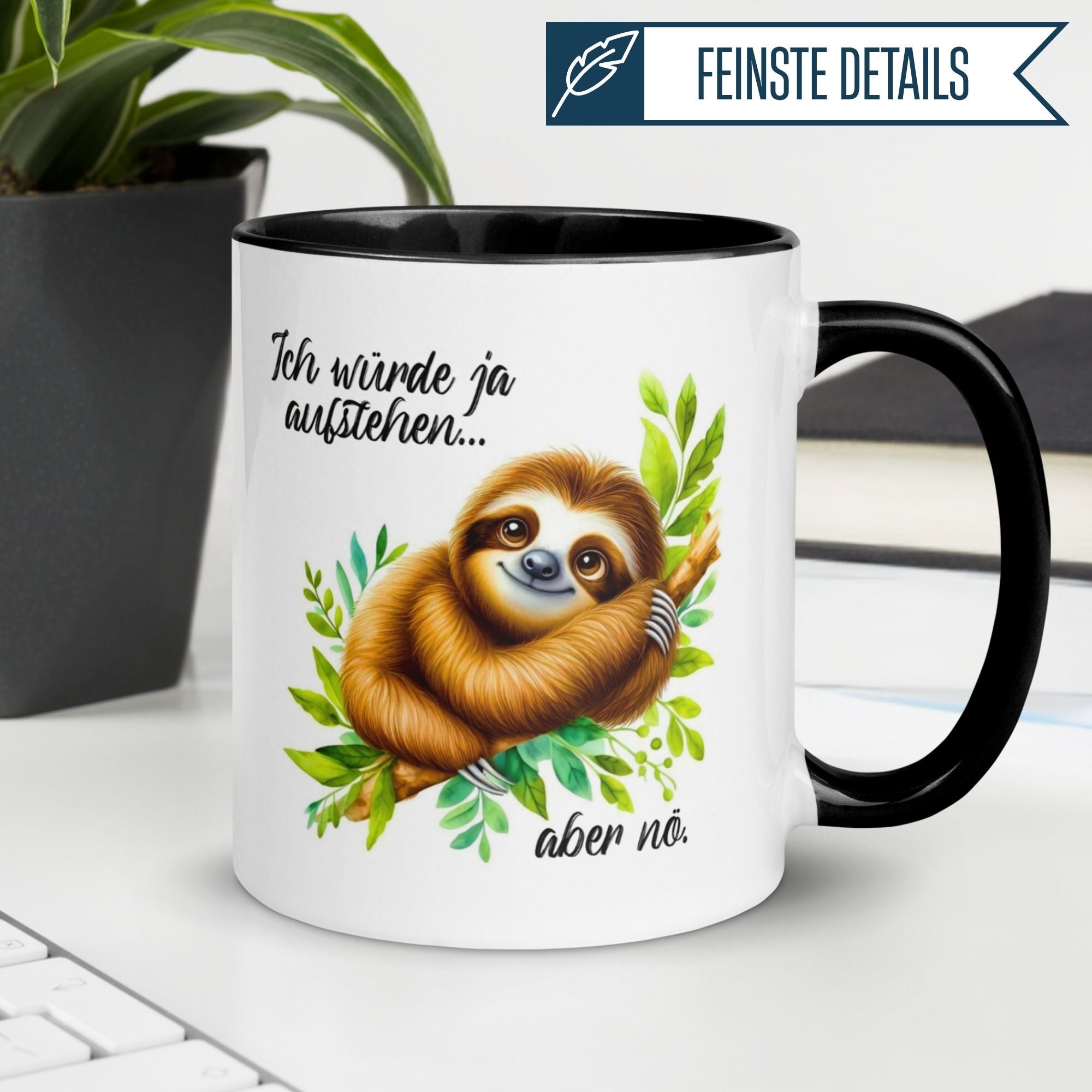 Momentals Tasse mit Faultier und Spruch 'Ich würde ja aufstehen - aber nö', ideal für Morgenmuffel.