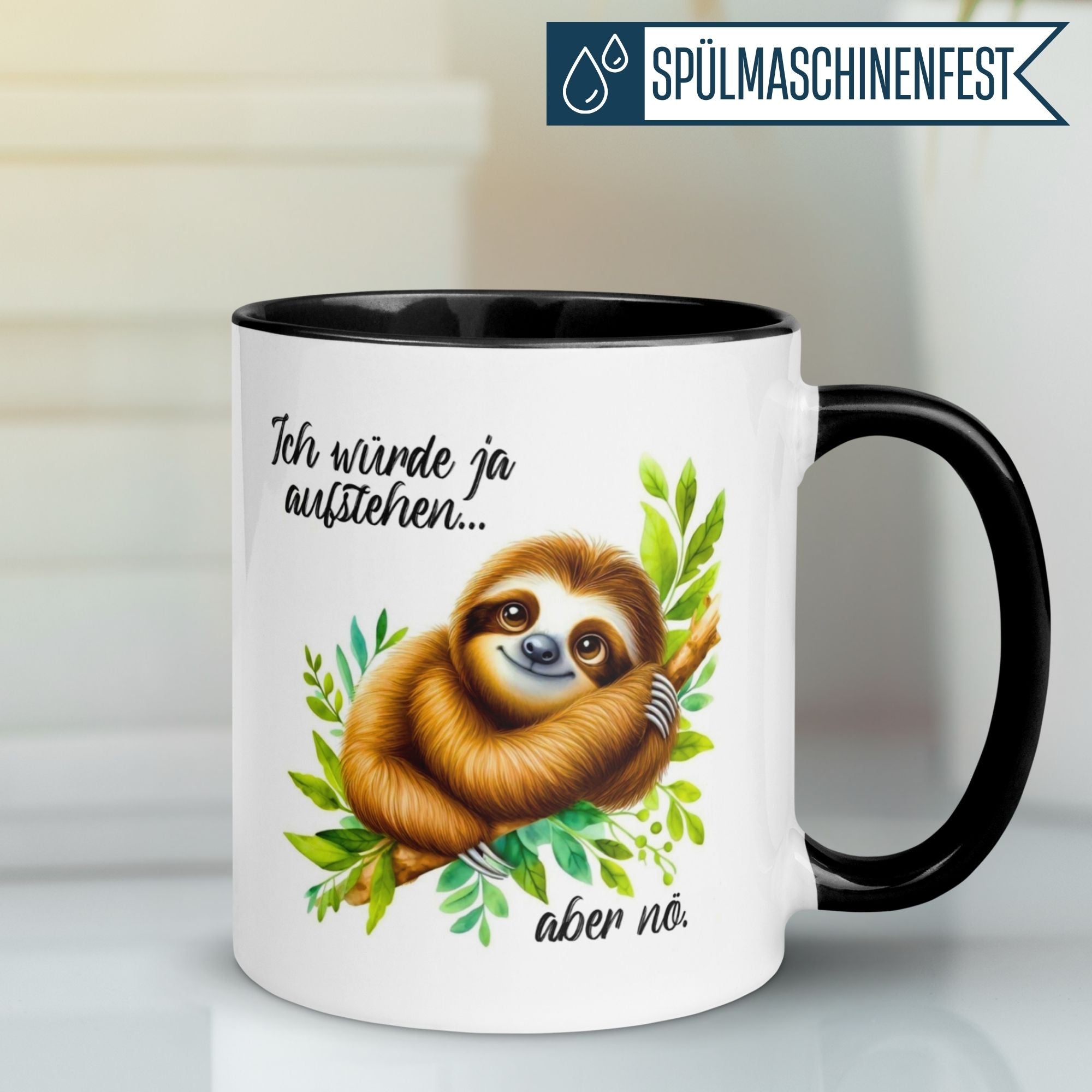 Momentals® Tasse mit Faultier und Spruch "Ich würde ja aufstehen... aber nö" für Morgenmuffel.