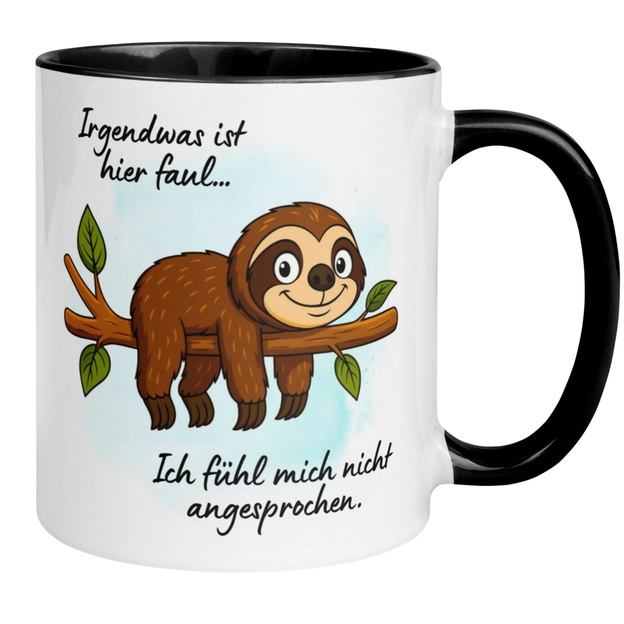 Momentals Tasse mit Faultier und Spruch 'Irgendwas ist hier faul', ideal für gemütliche Morgende.