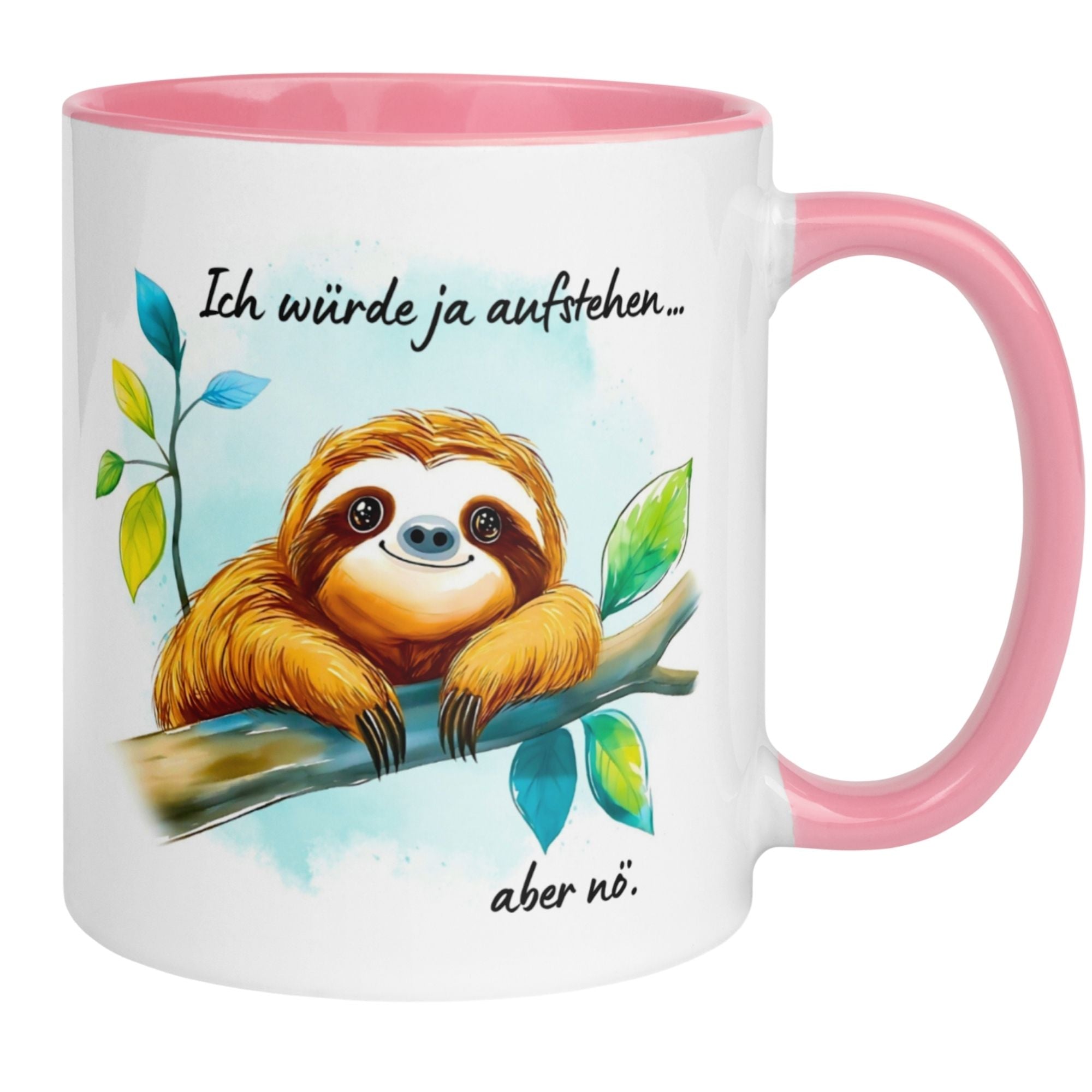 Farbenfrohe Momentals Tasse mit Faultier und Spruch: "Ich würde ja aufstehen... aber nö." für Morgenmuffel.