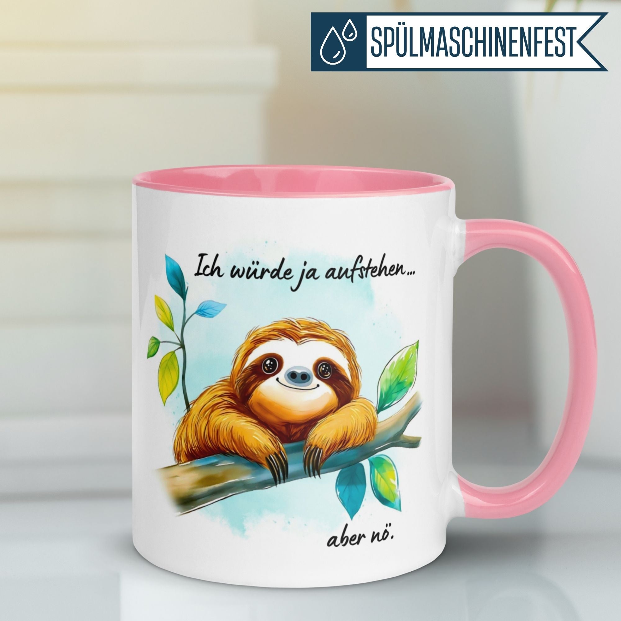 Momentals Tasse mit Faultier und Spruch 'Ich würde ja aufstehen... aber nö.' für Morgenmuffel.