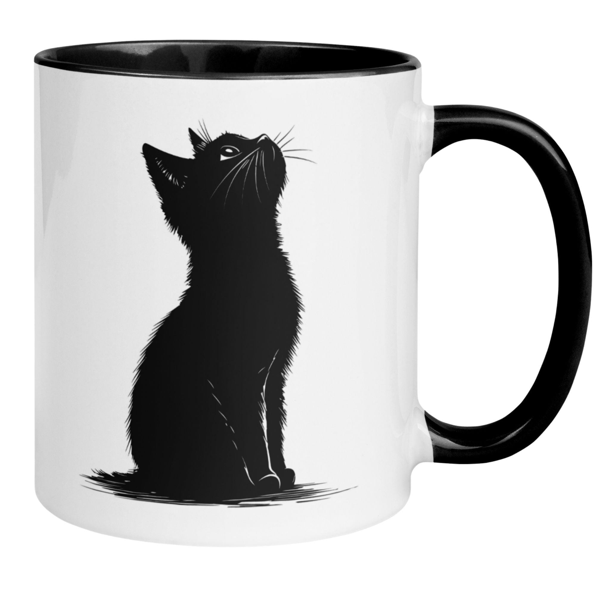 schwarze Katze blickt verträumt nach oben auf einer Tasse von Momentals, perfekt für Katzenliebhaber.