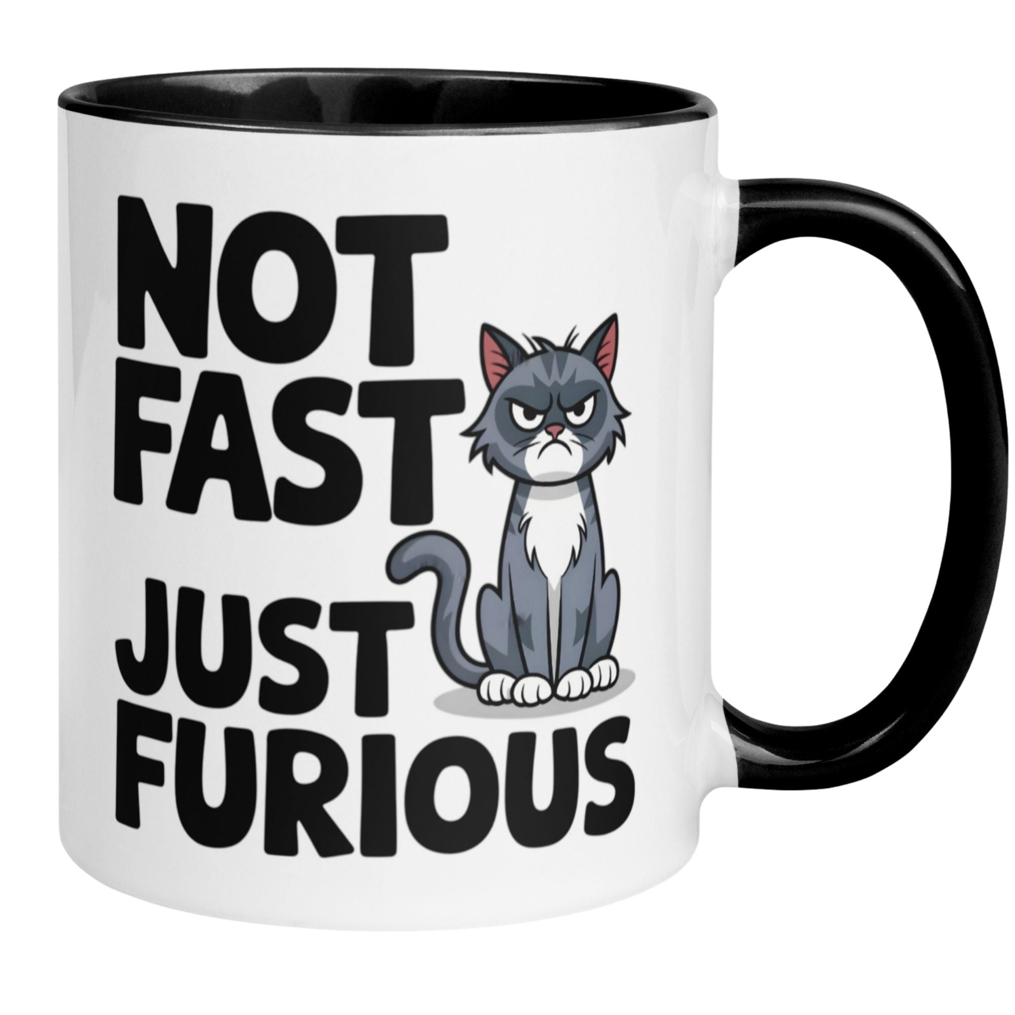 Momentals Tasse mit wütender Grumpy-Katze und Spruch 'Not Fast Just Furious' in schwarz-weißer Farbe.