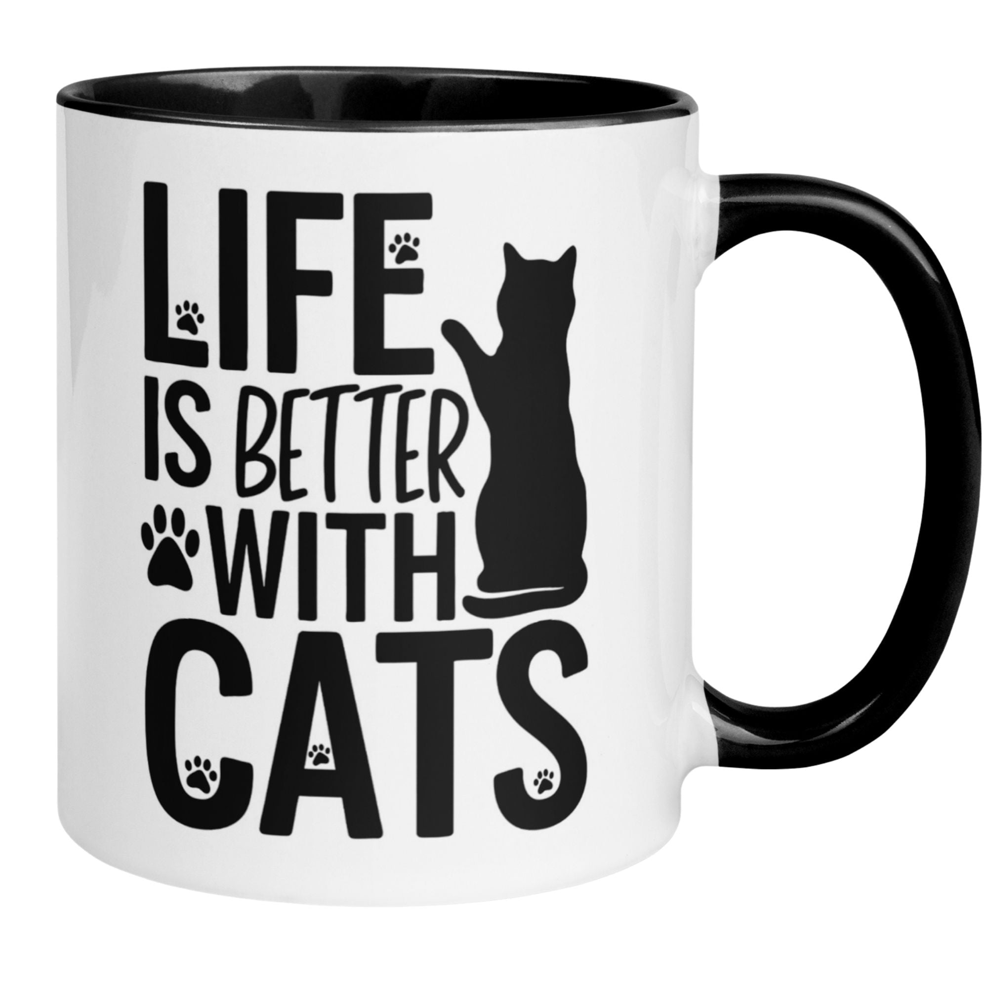 Schwarz-weiße Katzenliebe-Tasse mit dem Spruch "Life is better with cats" und süßen Pfotenabdrücken.