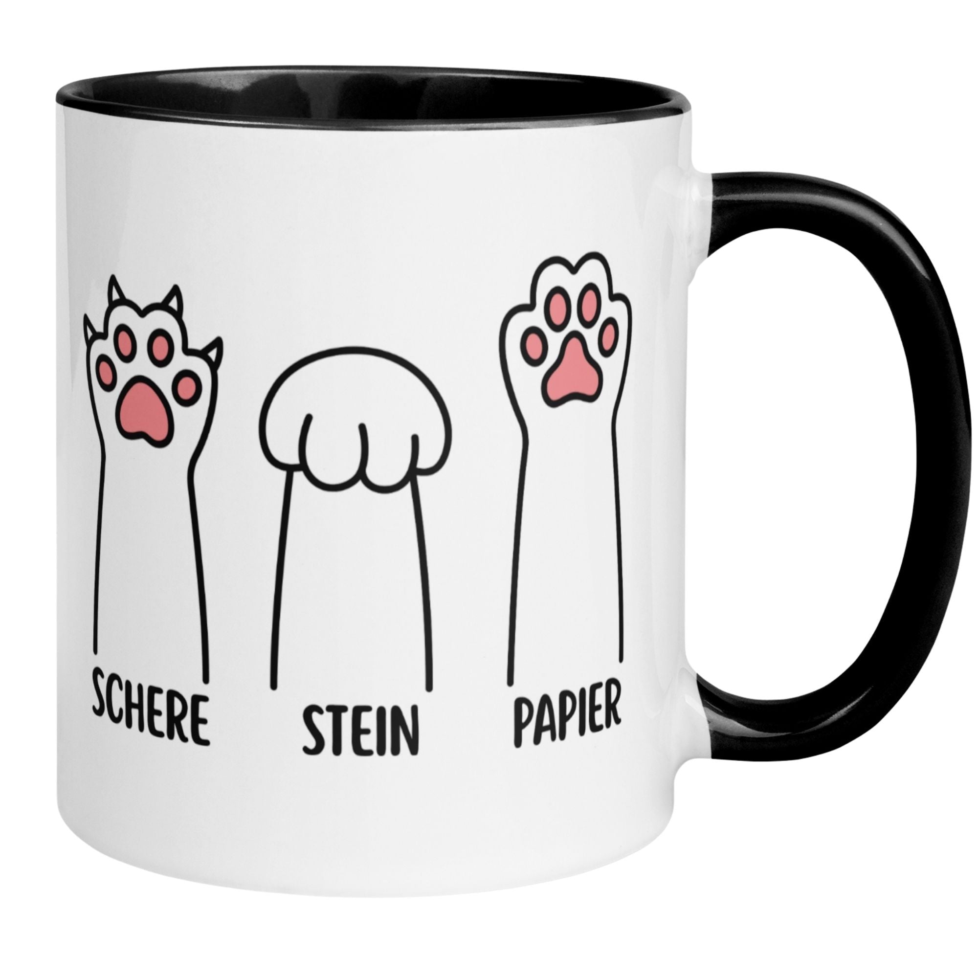 Momentals® Tasse mit humorvollem Katzenmotiv: Schere, Stein, Papier - perfekt für Katzenliebhaber.