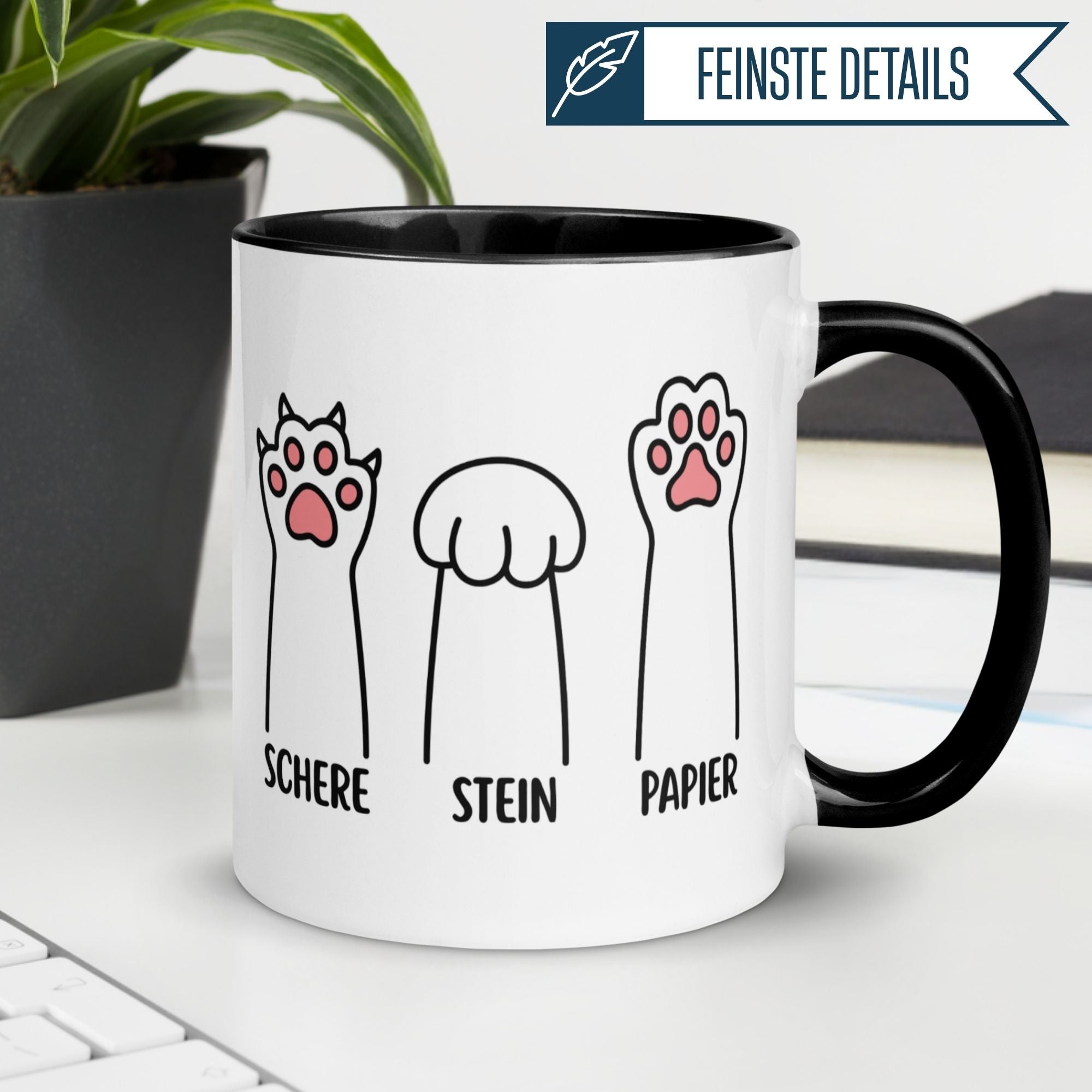Momentals Tasse mit Katzenmotiv, Schere Stein Papier, humorvoll für Katzenliebhaber, schwarze Henkel
