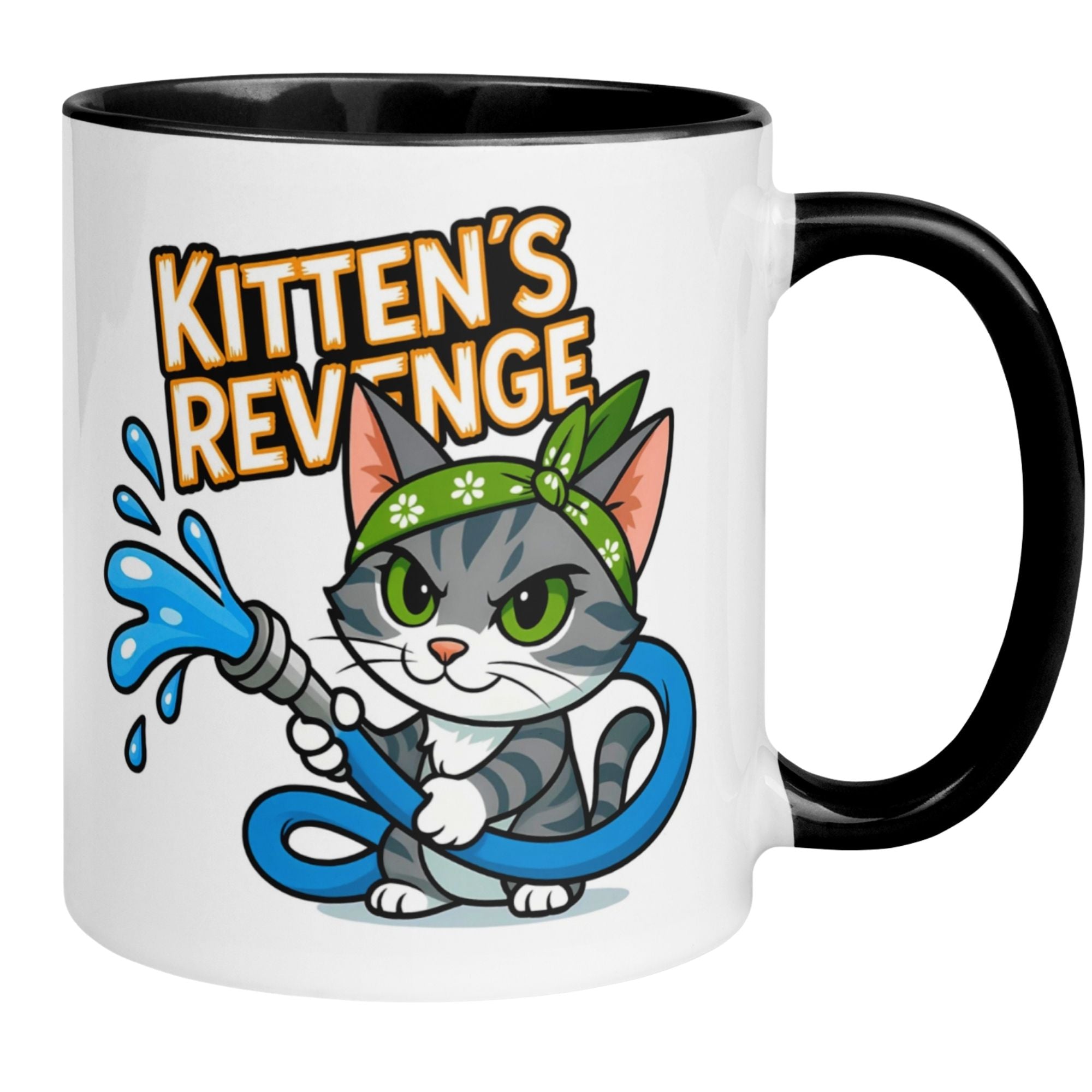 Momentals Tasse mit frecher Katze und Spruch 'Kitten's Revenge', ideal für Katzenliebhaber.