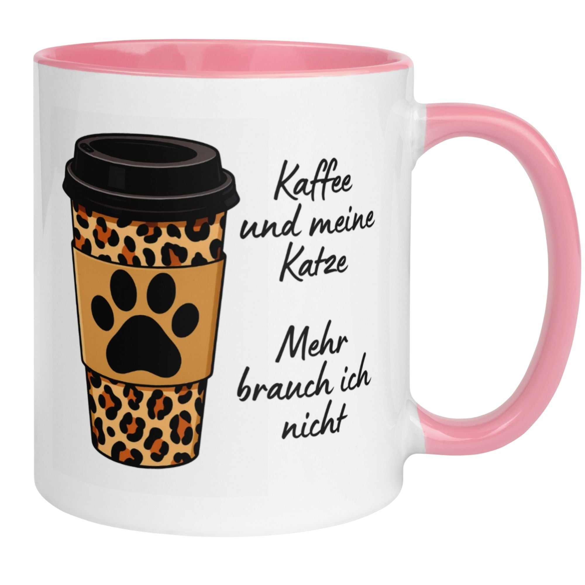Leopard-print coffee mug with text: "Kaffee und meine Katze – Mehr brauch ich nicht" for morning coffee lovers.
