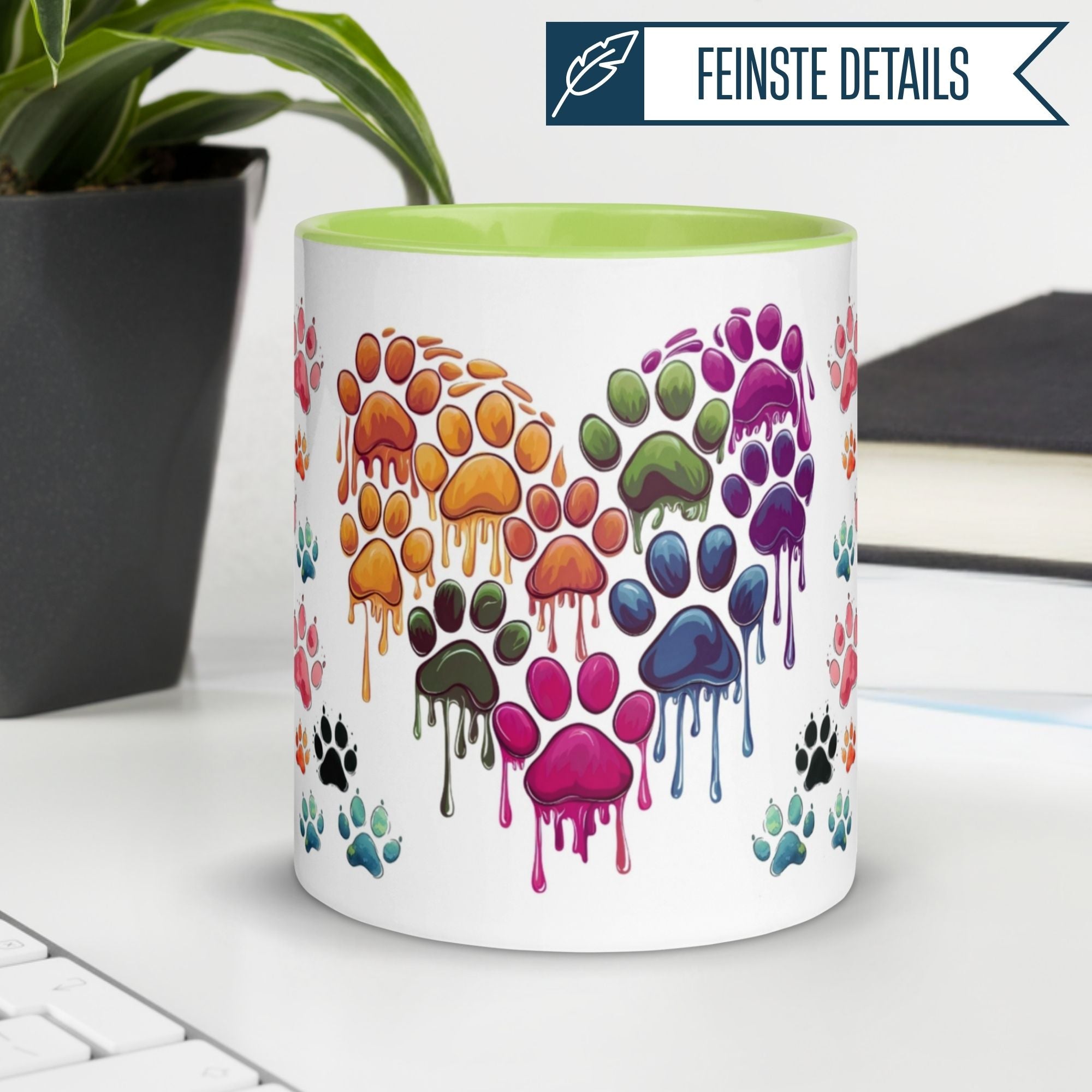 Momentals® Tasse mit bunten Katzenpfoten und Aquarell-Design, ideal für Katzenliebhaber.