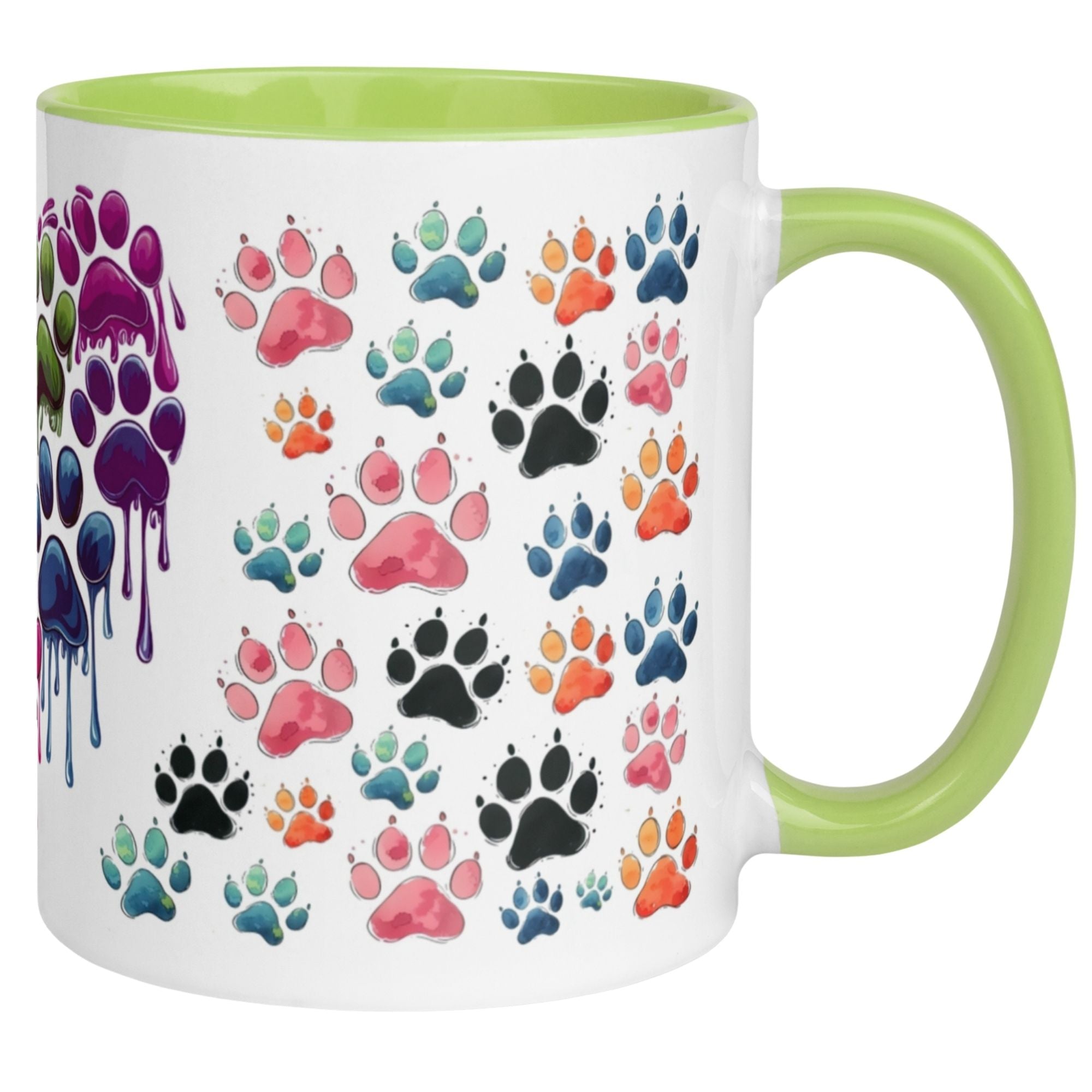 Bunte Katzenpfoten-Tasse mit grünem Henkel, perfekt für Katzenliebhaber und ihren Morgenkaffee.