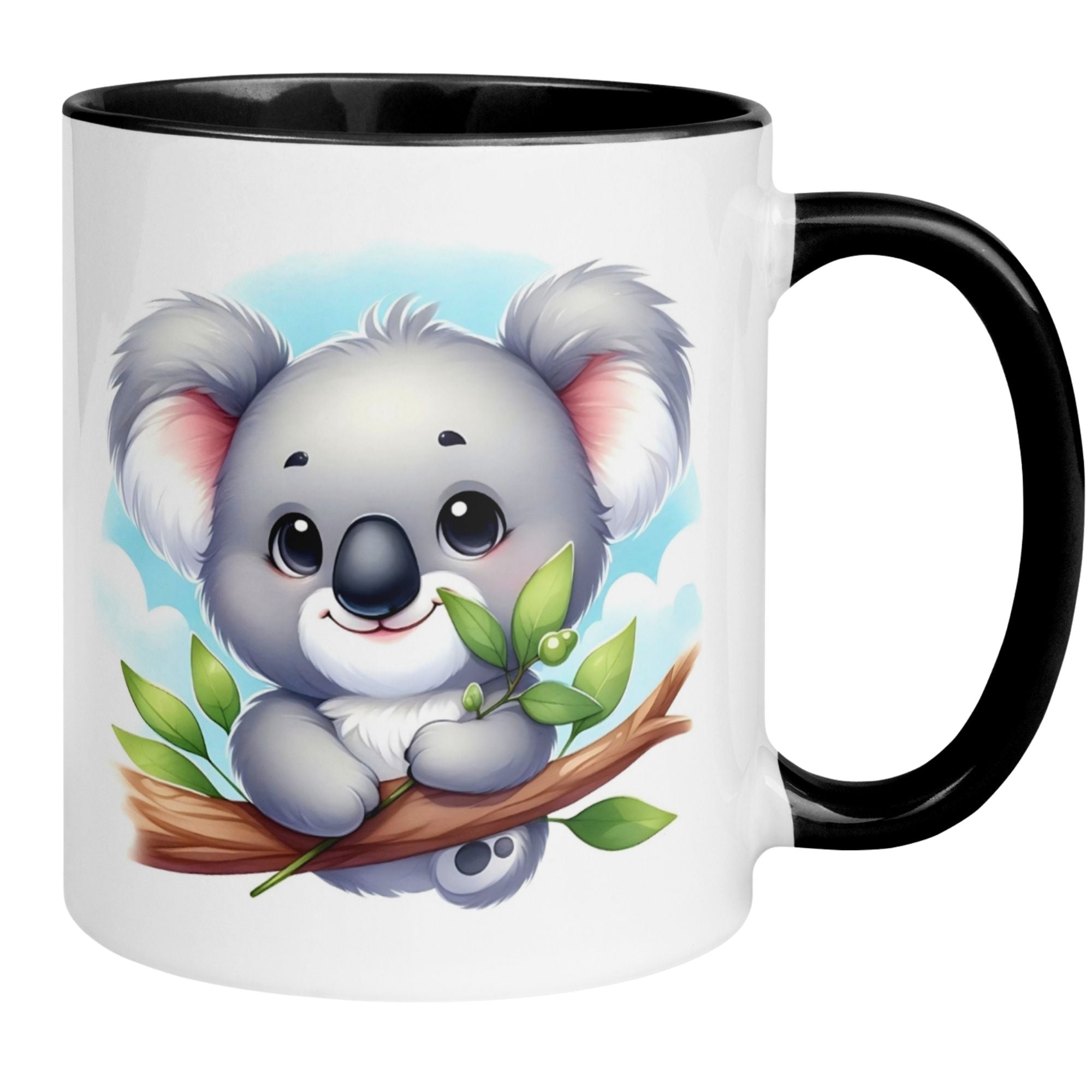 Momentals® coffee mug featuring a cute koala on a branch with eucalyptus leaves, perfect for morning relaxation.
