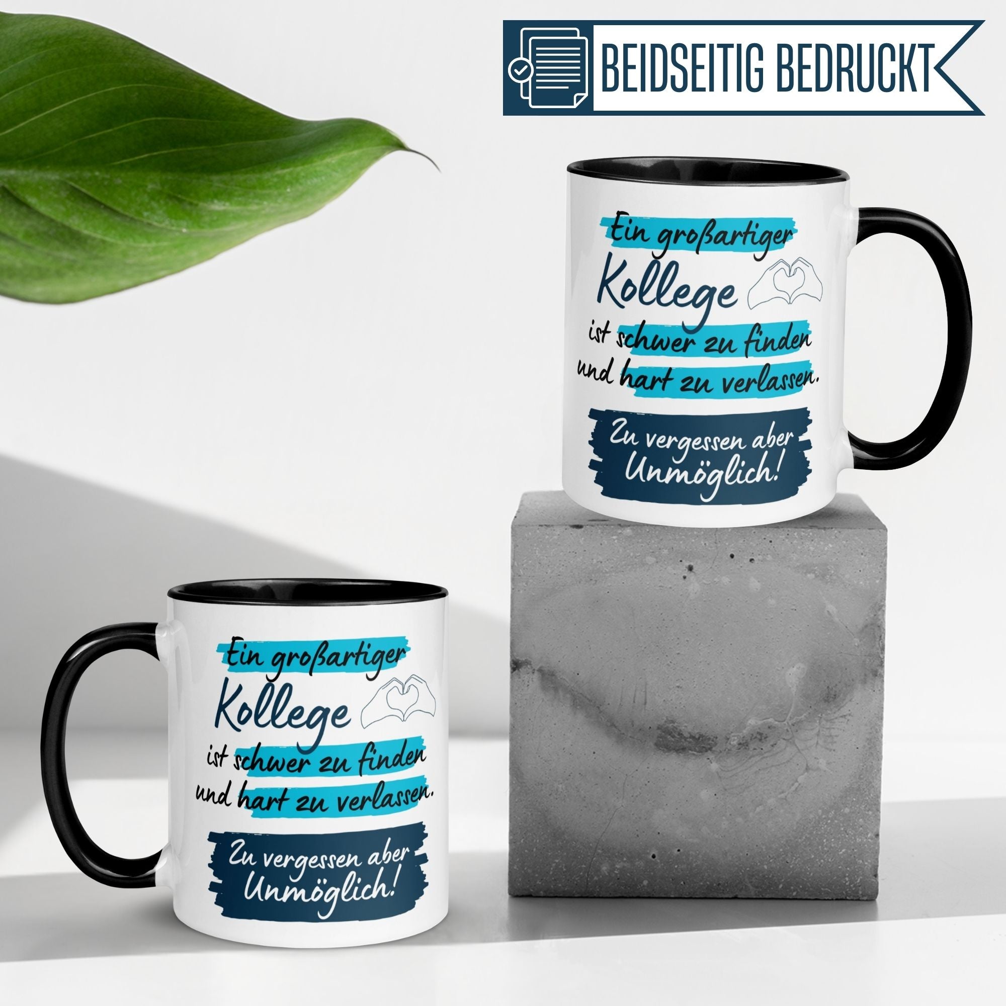 Momentals Tasse für Kollegen mit herzlichem Spruch und zwei Kaffeetassen-Motiv. Ein ideales Geschenk!