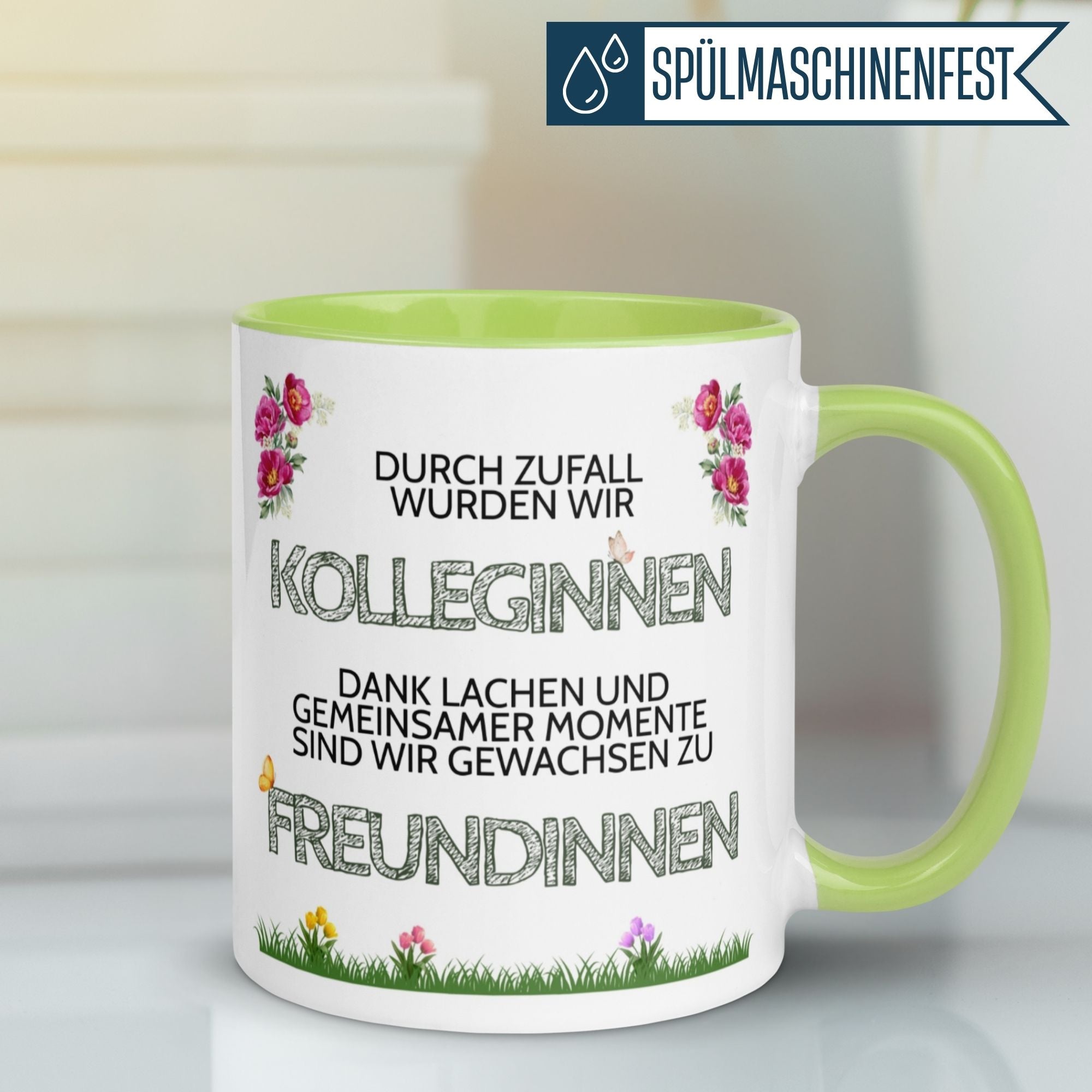 Momentals® Tasse für Kolleginnen mit Blumenmotiv und Spruch über Freundschaft.