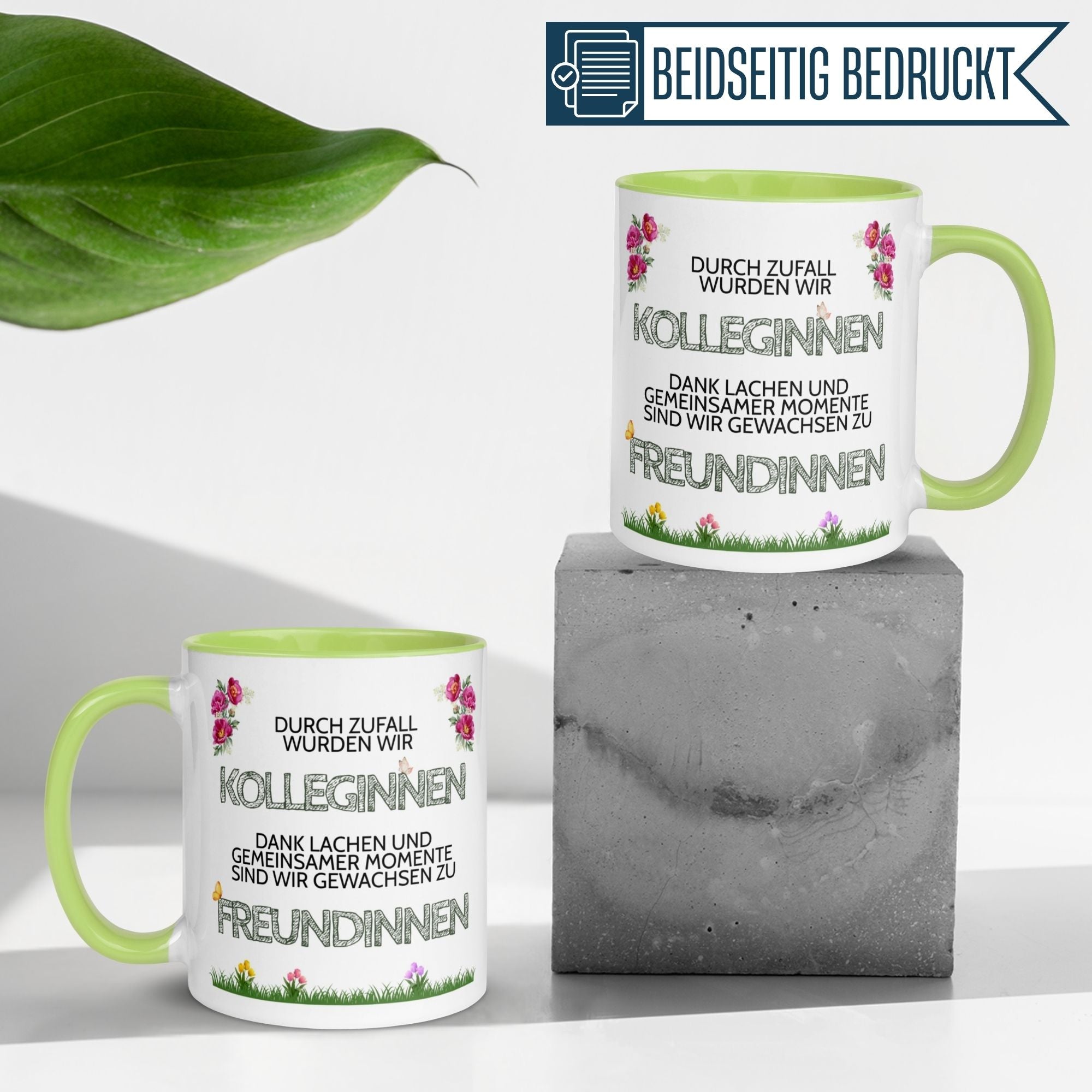 Momentals Tasse mit Spruch für Kolleginnen, fröhliches Blumen-Design, Geschenkidee für Freundinnen.
