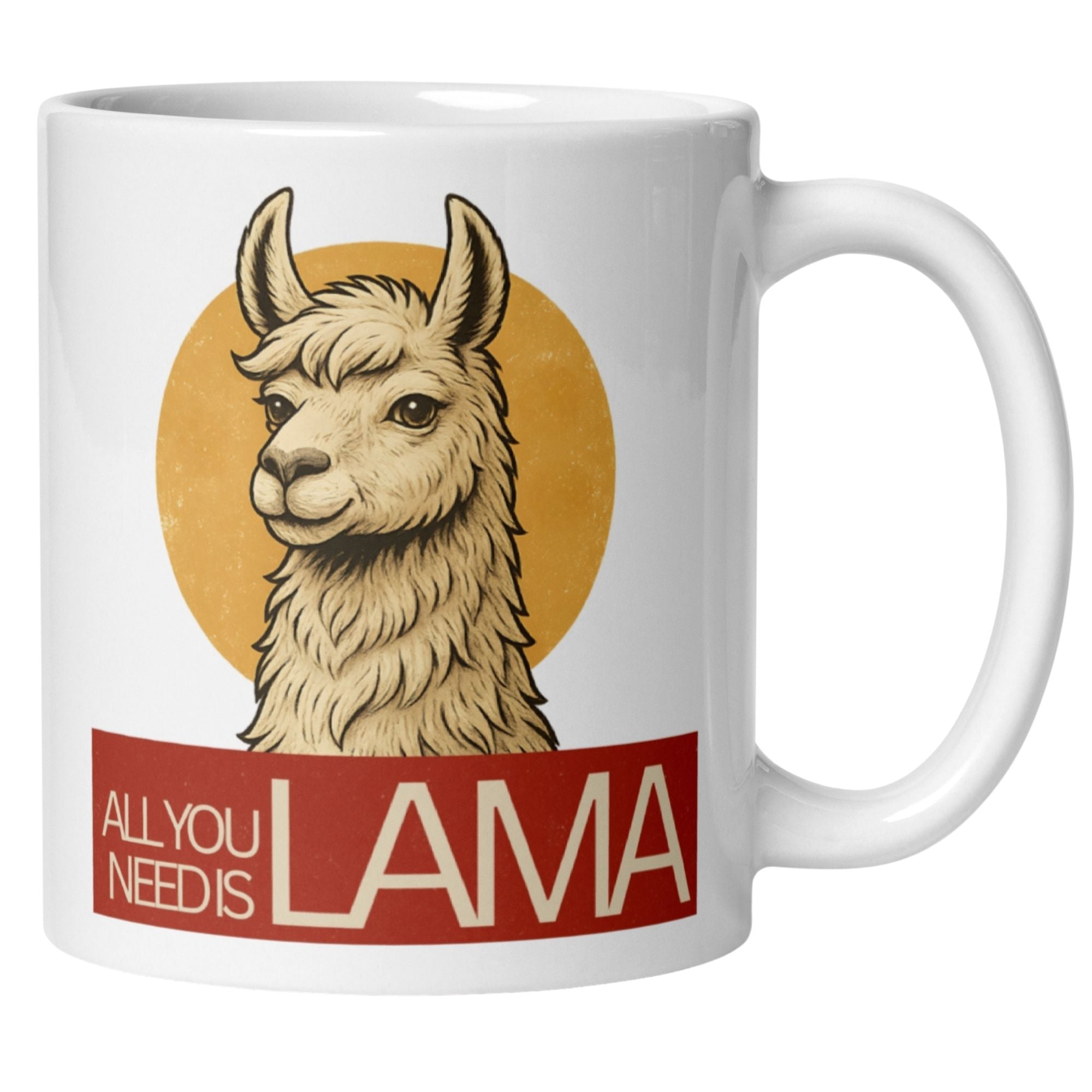 Momentals Tasse mit Lama-Porträt und Spruch "All you need is LAMA" für humorvolle Tierliebhaber.