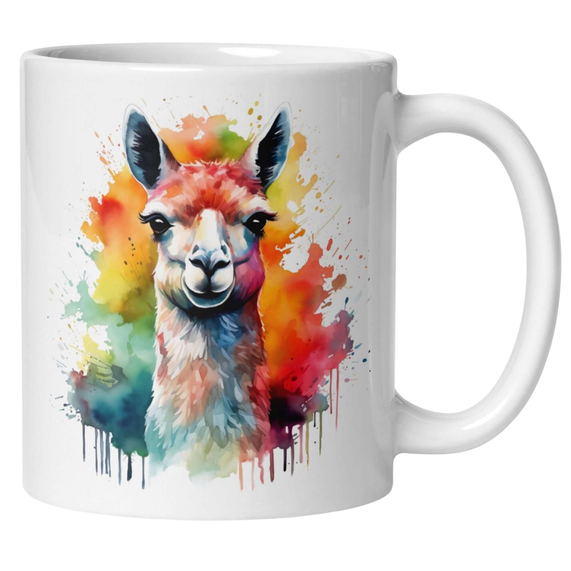 Bunte Momentals® Tasse mit Lama-Motiv und aquarellartiger Farbexplosion für Tierliebhaber.