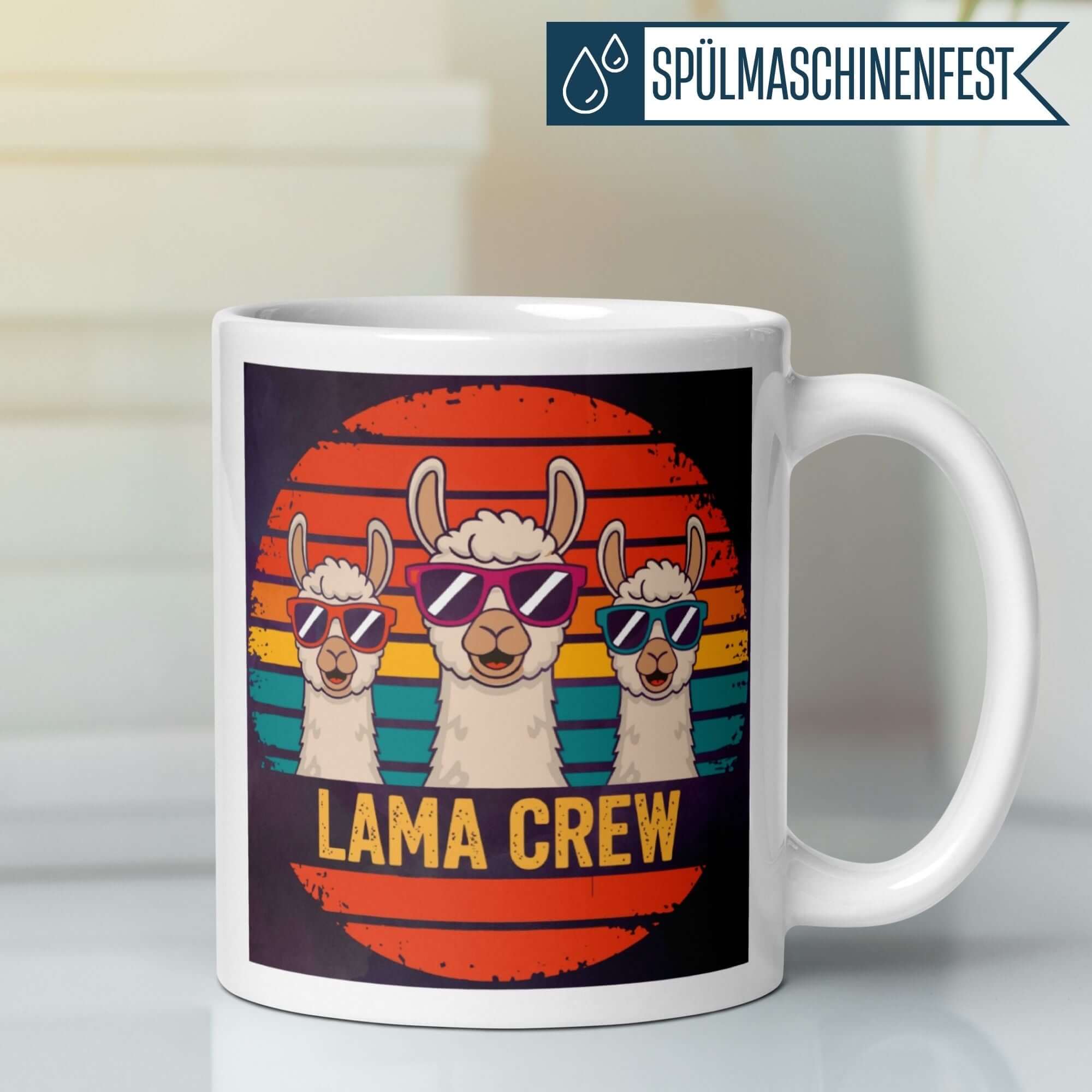 Momentals® Tasse mit Lamas in Sonnenbrillen und Retrodesign, perfekt für Tierliebhaber.