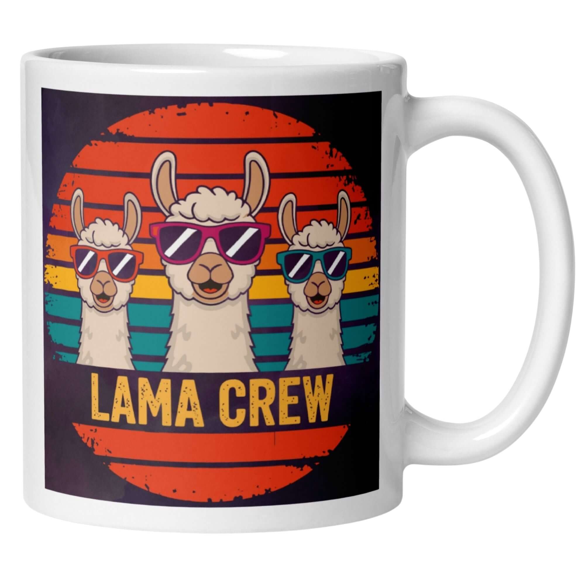 Momentals Tasse mit Lama Crew in Sonnenbrillen und Retro-Design, humorvoll und stylisch.