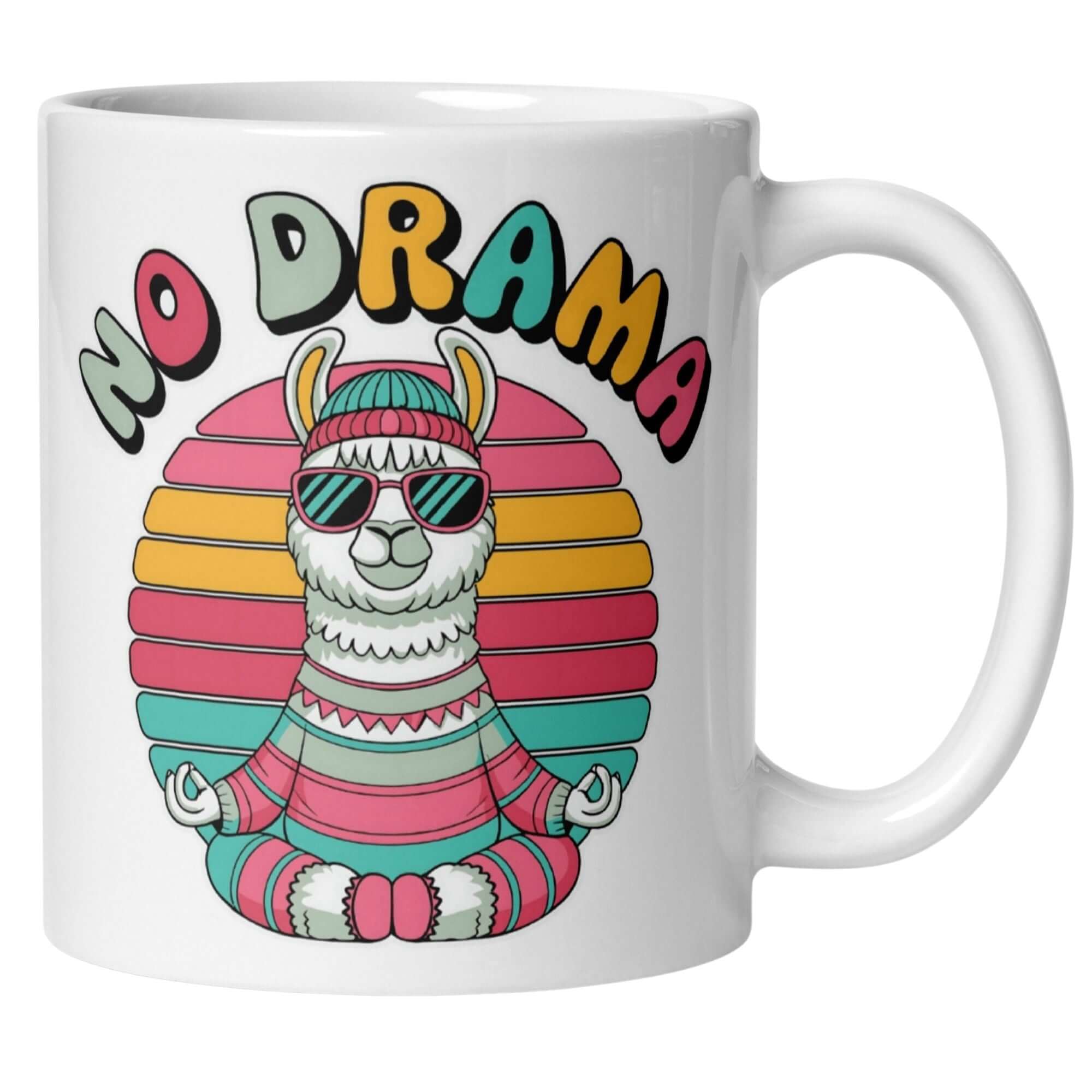 Humorous Momentals mug featuring a chill llama in sunglasses, promoting a 'No Drama' vibe.