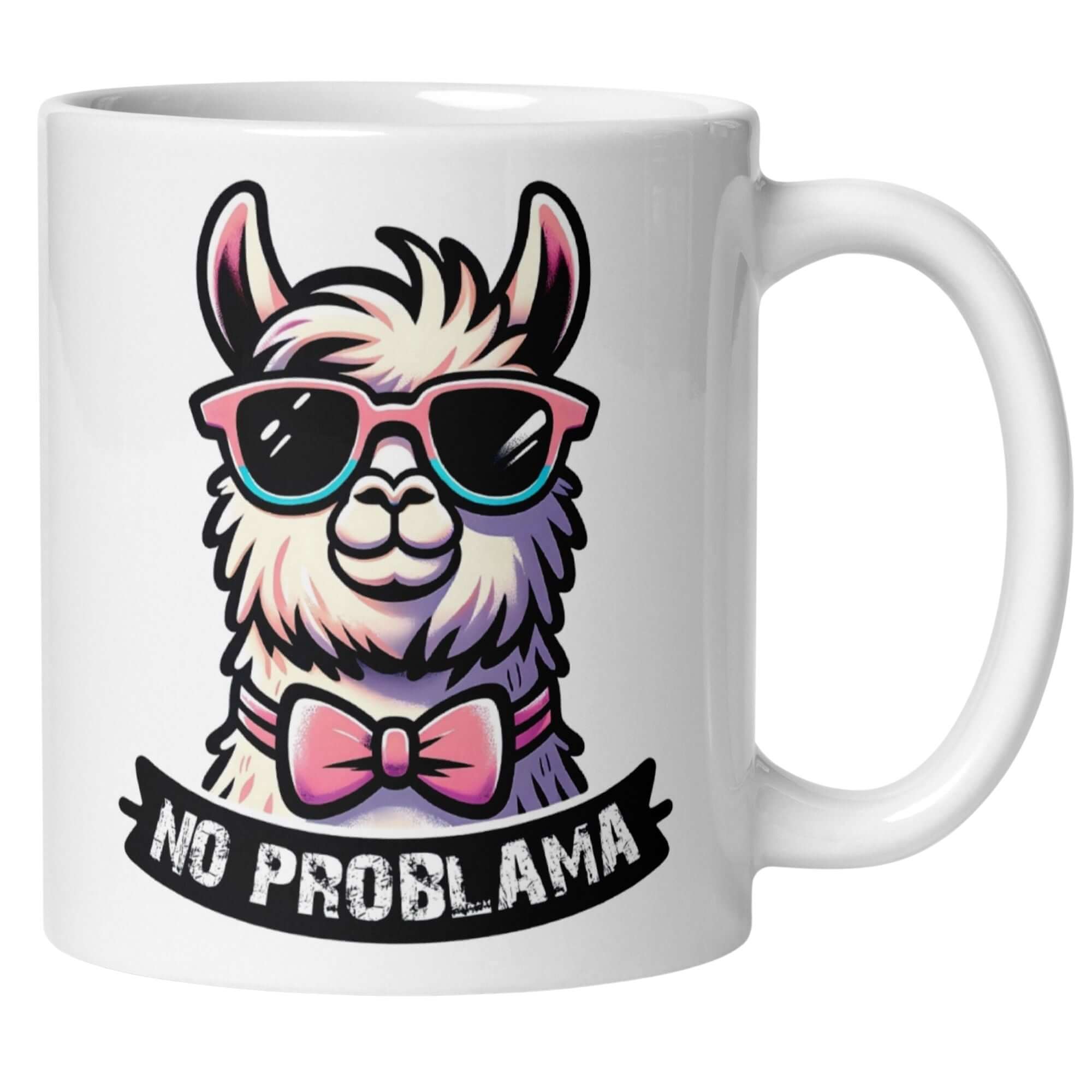 Momentals Lama-Tasse mit Sonnenbrille und pinker Fliege, humorvoll mit dem Spruch "No ProbLama".