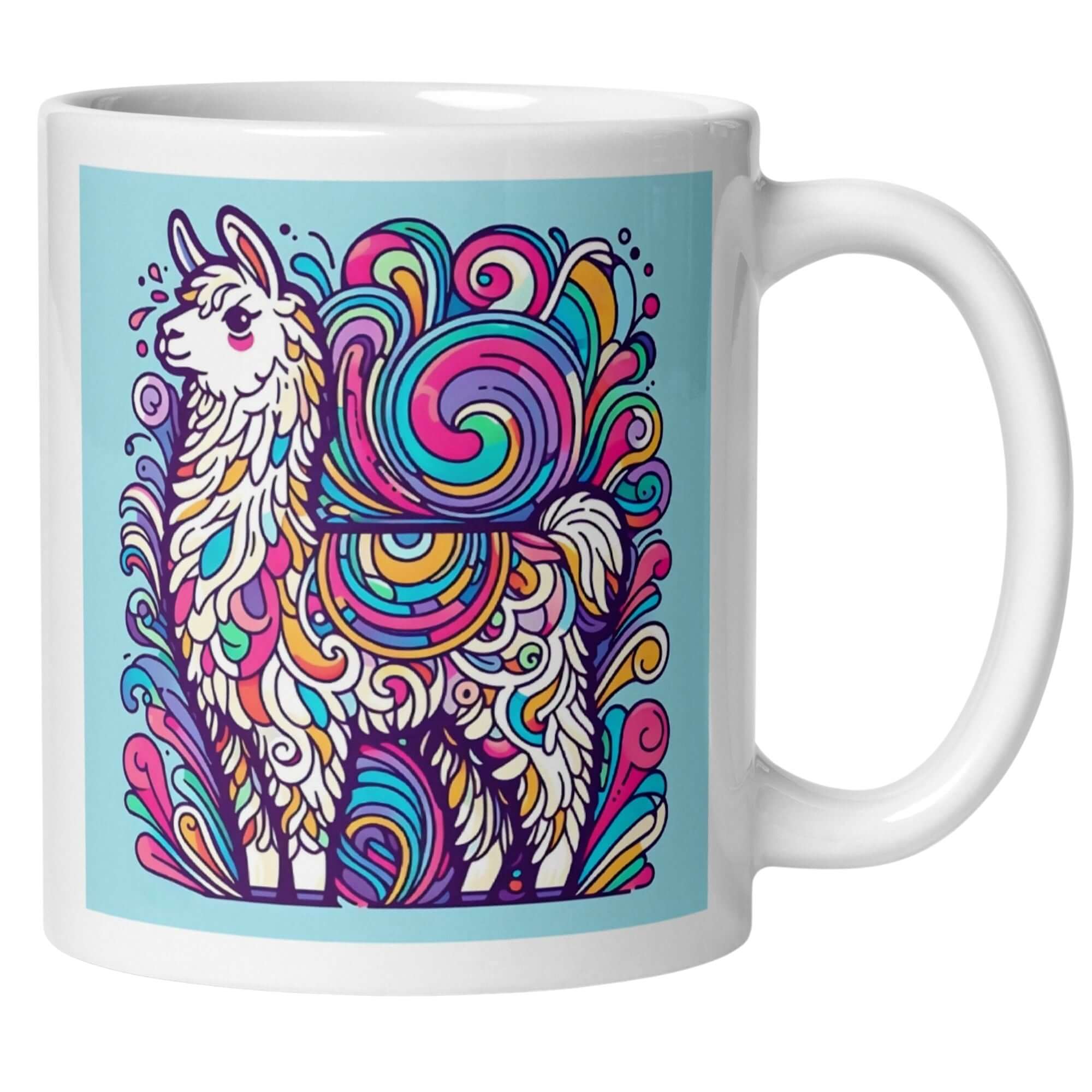 Bunte Tasse mit psychedelischem Lama-Design, ideal für Tierliebhaber und humorvolle Momente.