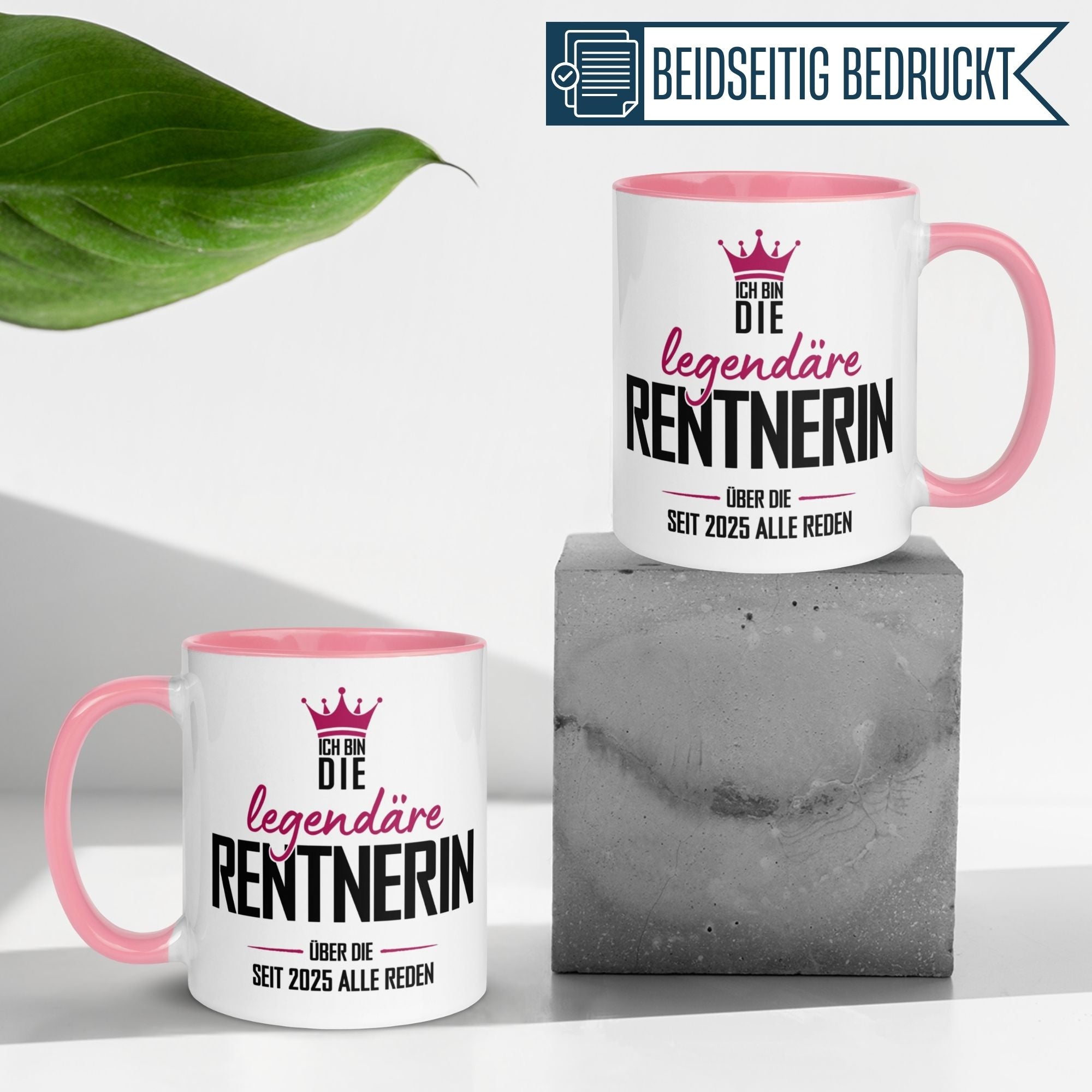 Momentals Tasse Rente mit Spruch "legendäre Rentnerin" in pink und weiß, ideal als Renteneintritt Geschenk.