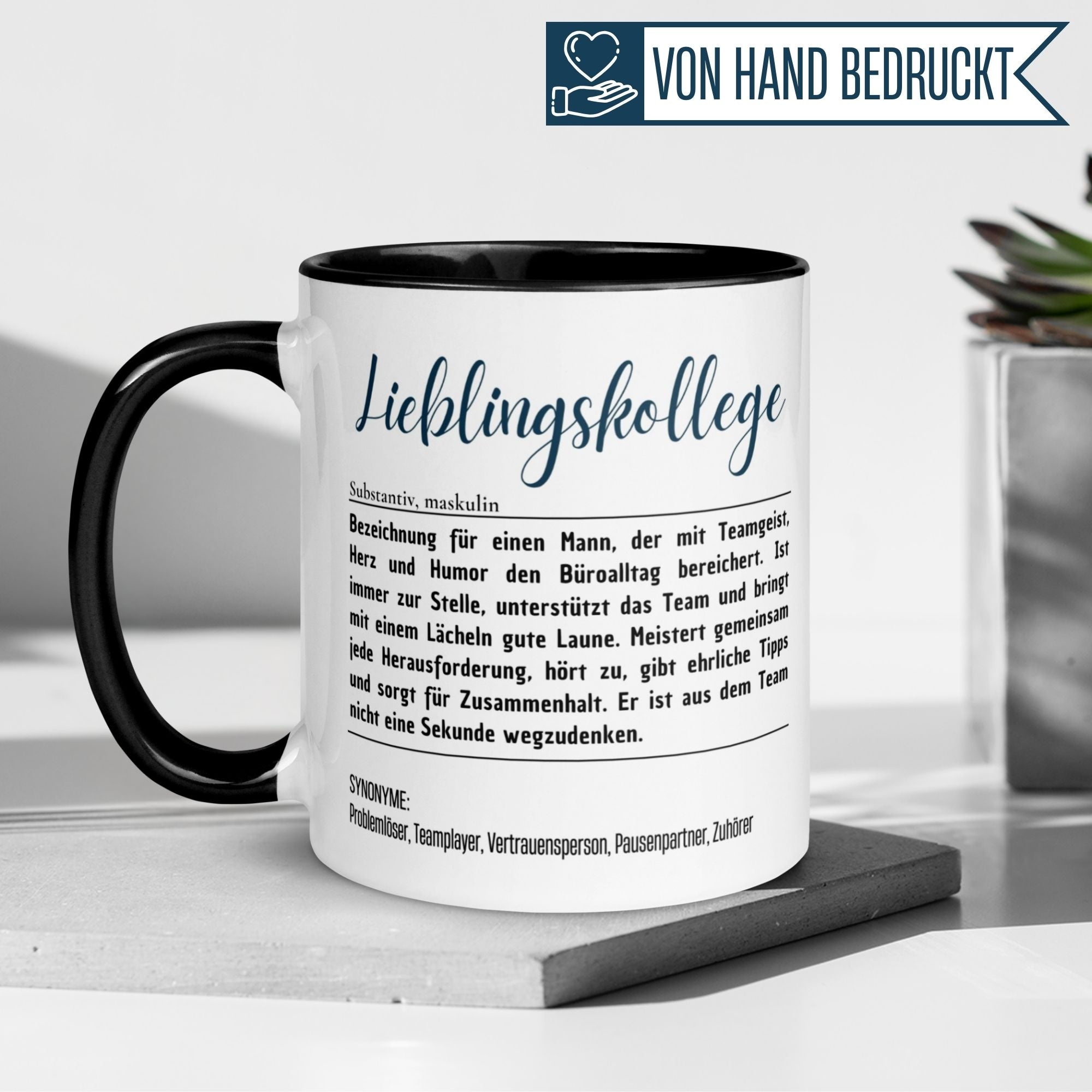 Momentals Tasse für Lieblingskollege mit Definition und Spruch, ein ideales Dankeschön für den besten Kollegen.