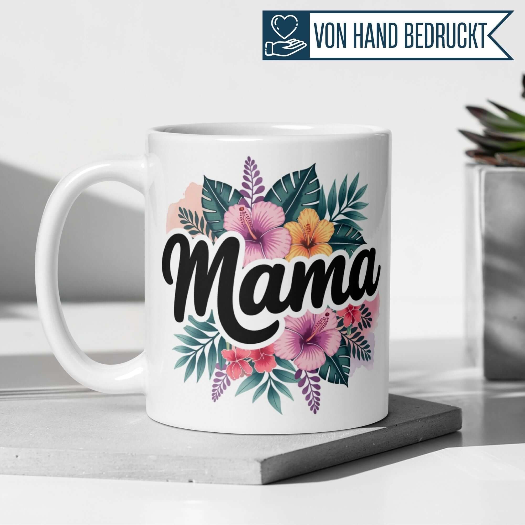 Stylish ceramic mug featuring 'Mama' and vibrant hibiscus flowers, perfect for gifts or special occasions.