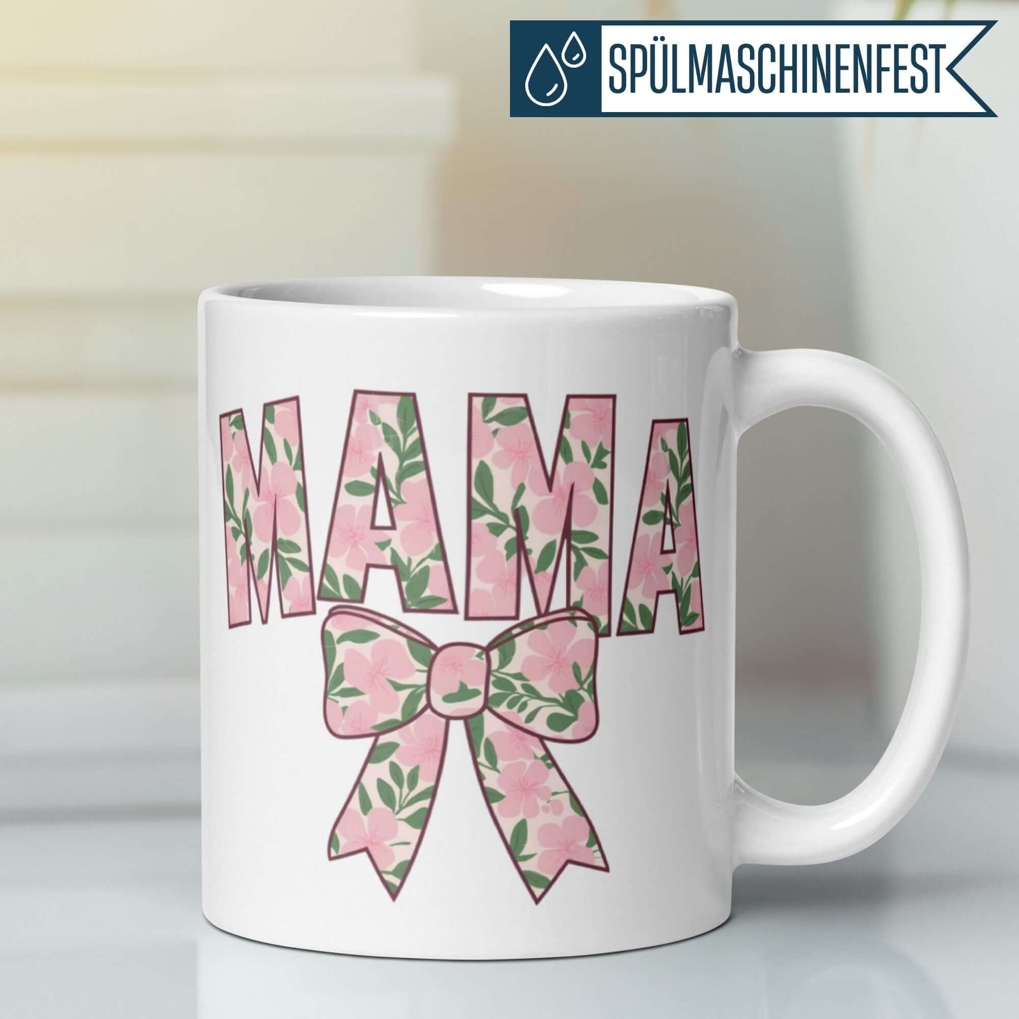 Momentals Tasse für Mamas mit floralem "MAMA" Schriftzug und Schleife, spülmaschinenfest, perfektes Geschenk.