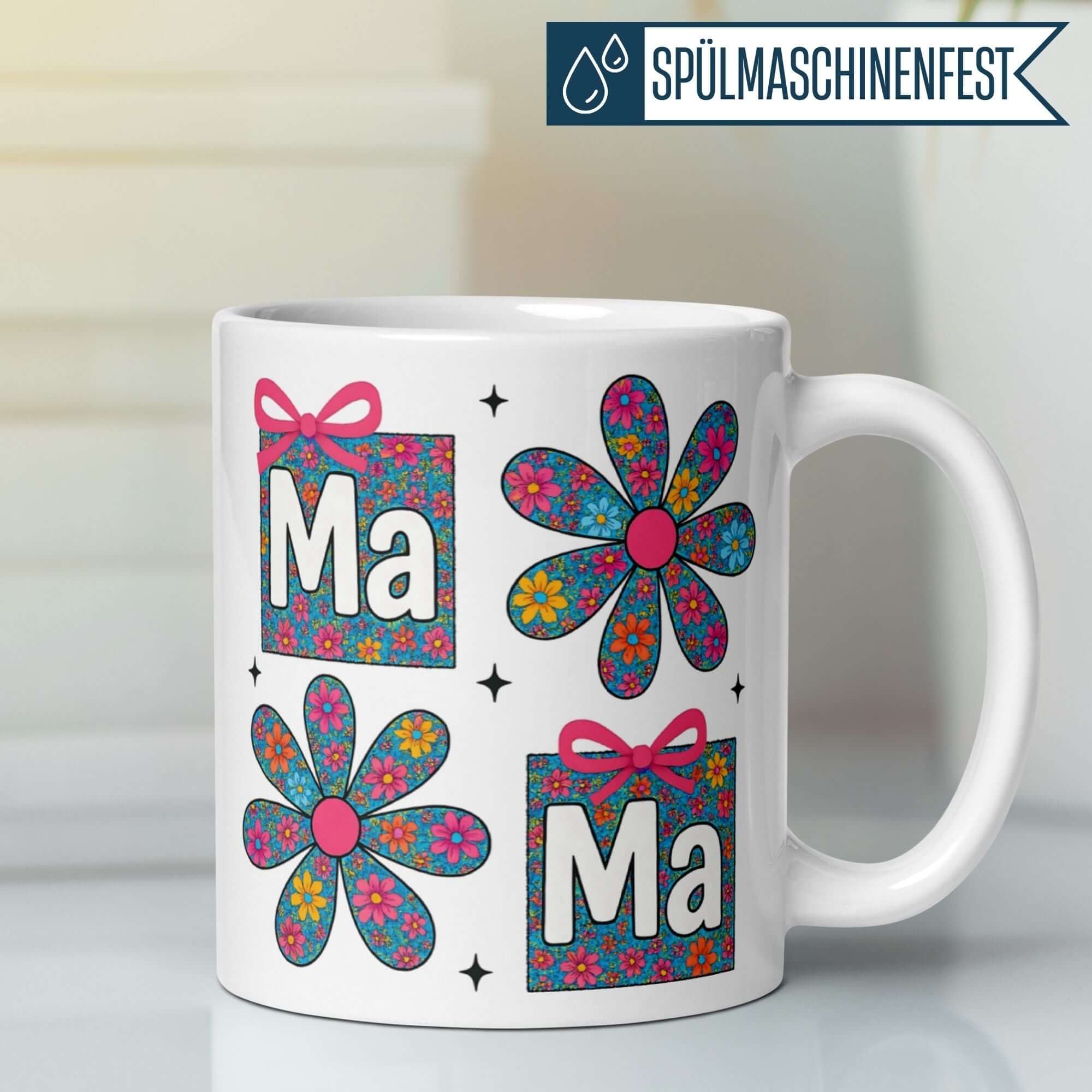 Momentals® Tasse Mama mit bunten Blumen und Retro-Muster in Pink und Blau.