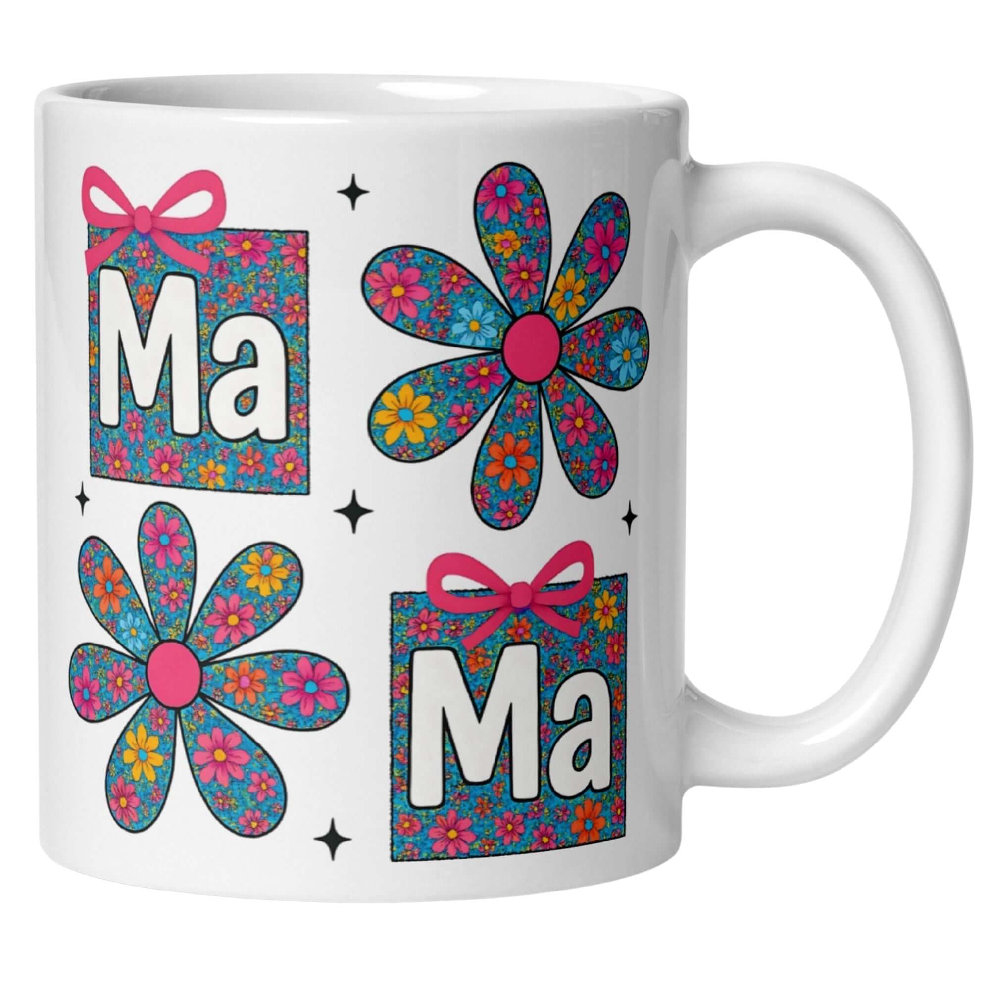 Colorful Momentals® Tasse Mama featuring retro flower pattern and playful 'MaMa' text in pink and blue.