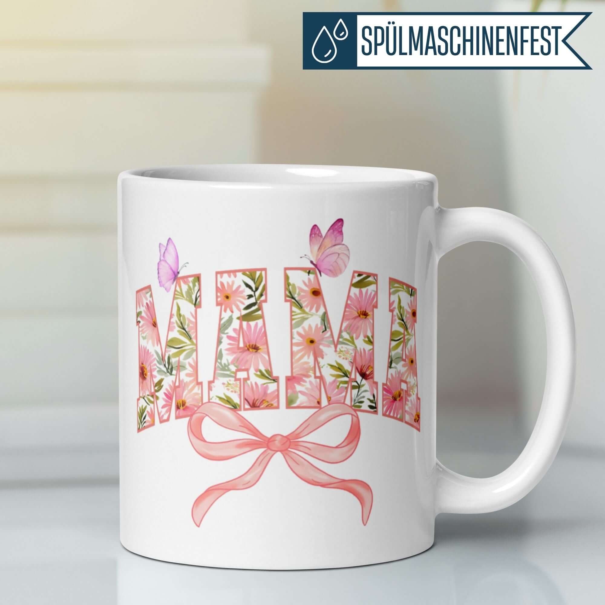 Momentals® Mama Tasse mit Blumen, Schmetterlingen und rosa Schleife – ideales Geschenk für Mamas.