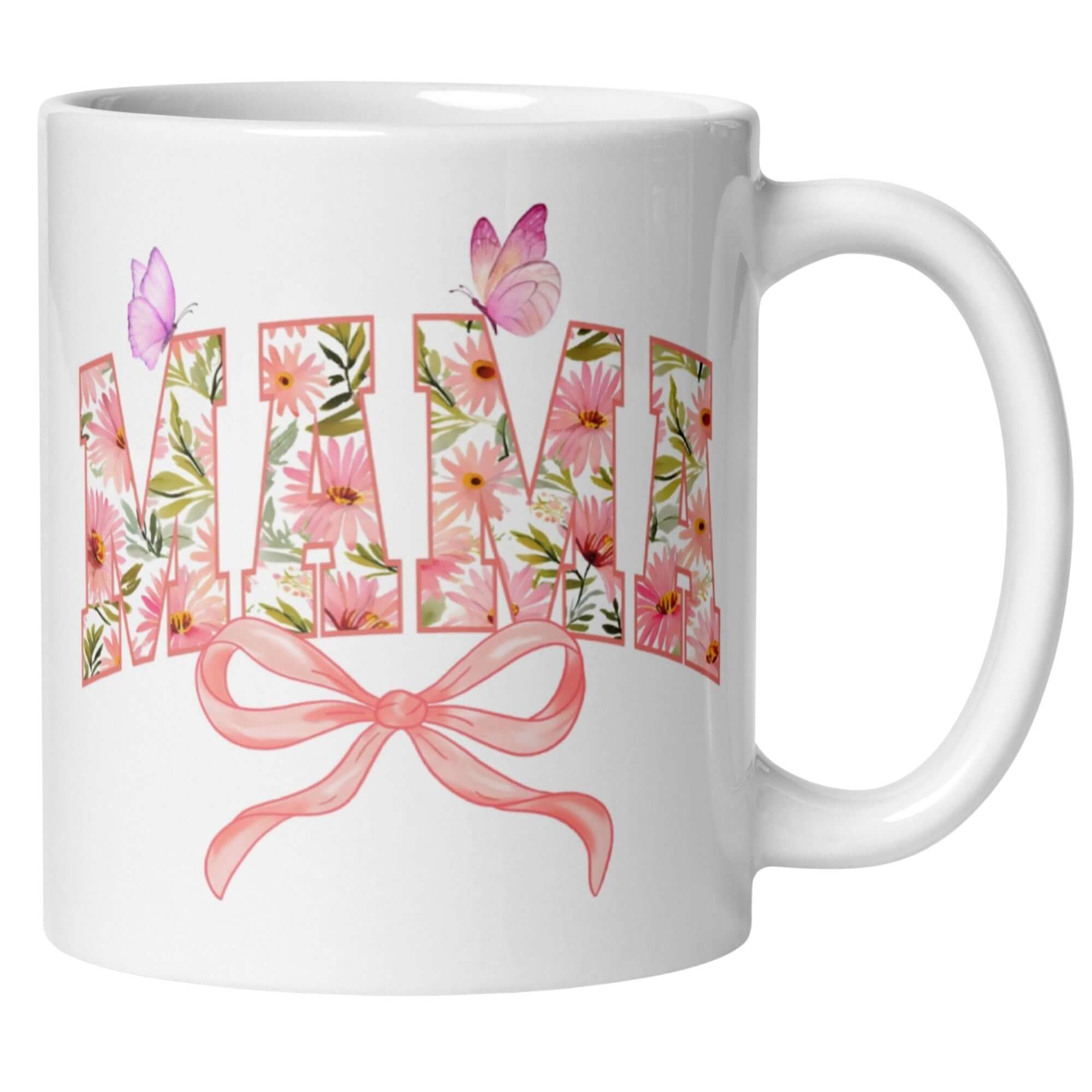 Momentals® Mama-Tasse mit Blumen, Schmetterlingen und rosa Schleife – perfektes Geschenk für Mamas.