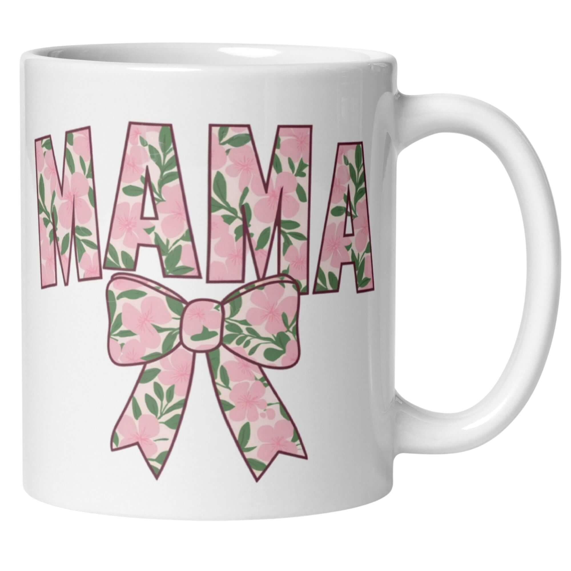White mug with 'MAMA' in floral design and a pink bow, perfect for Mother's Day and thoughtful gifts.