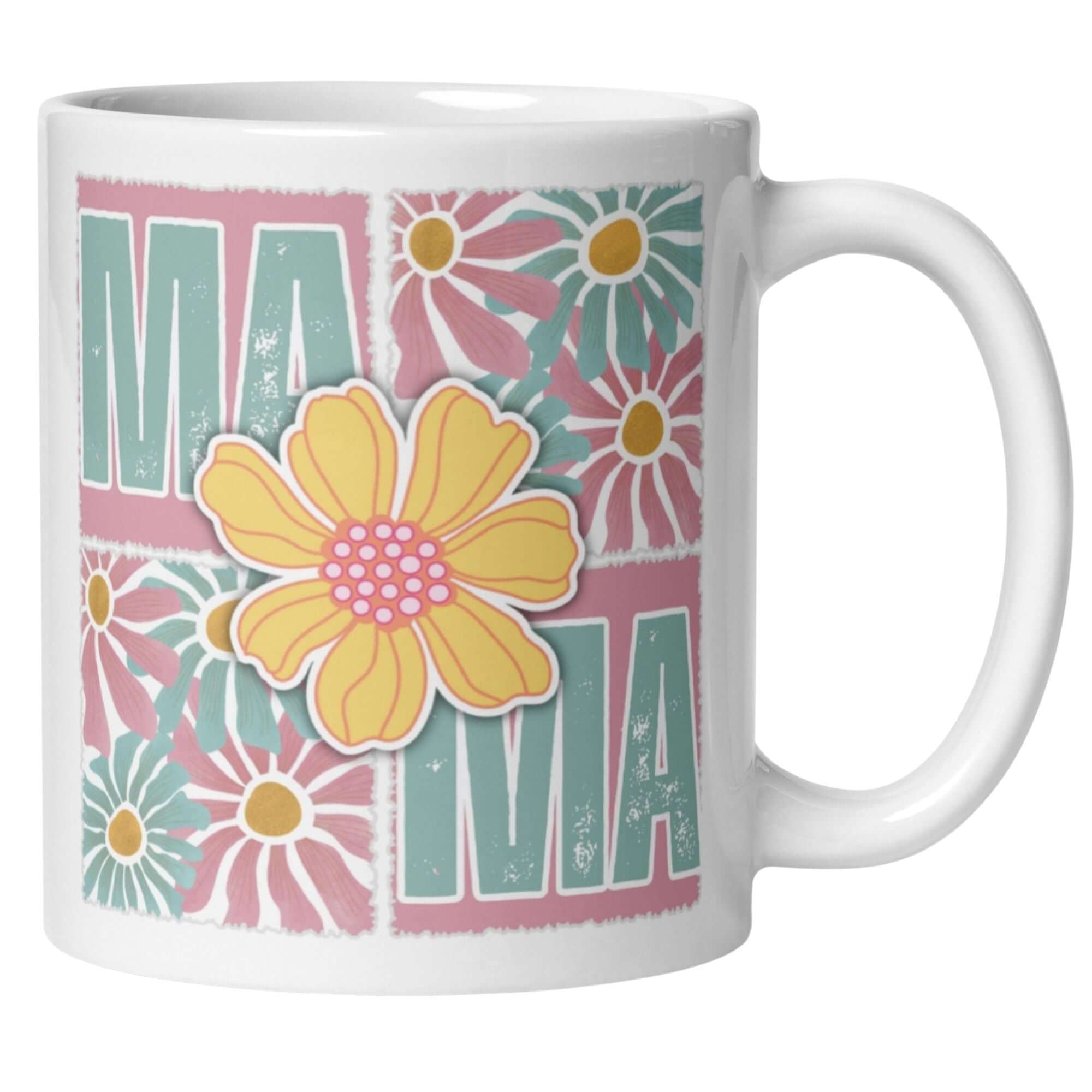 Momentals Tasse Mama mit buntem Blumenmuster und Retrostil, ideale Geschenkidee für Mamas in Pastellfarben.