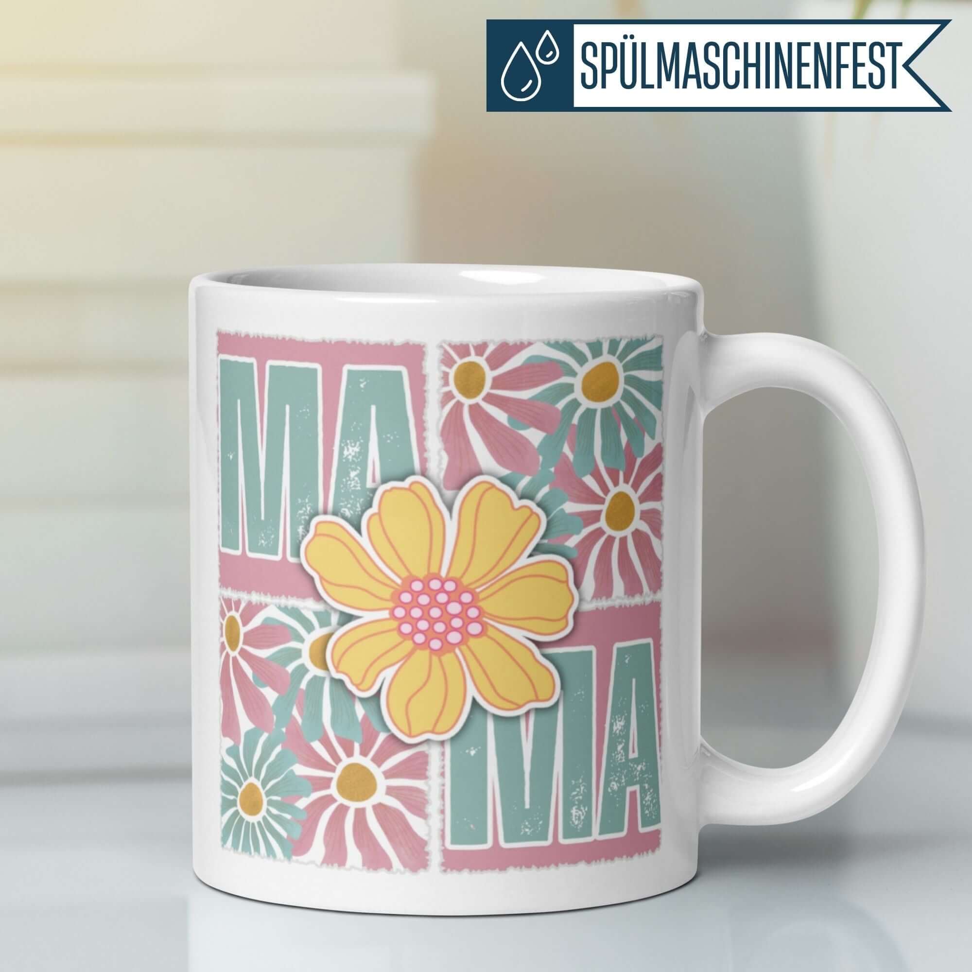 Momentals® Tasse für Mama mit Blumenmuster, pastellfarben und Retro-Design - perfekt für Geschenke.